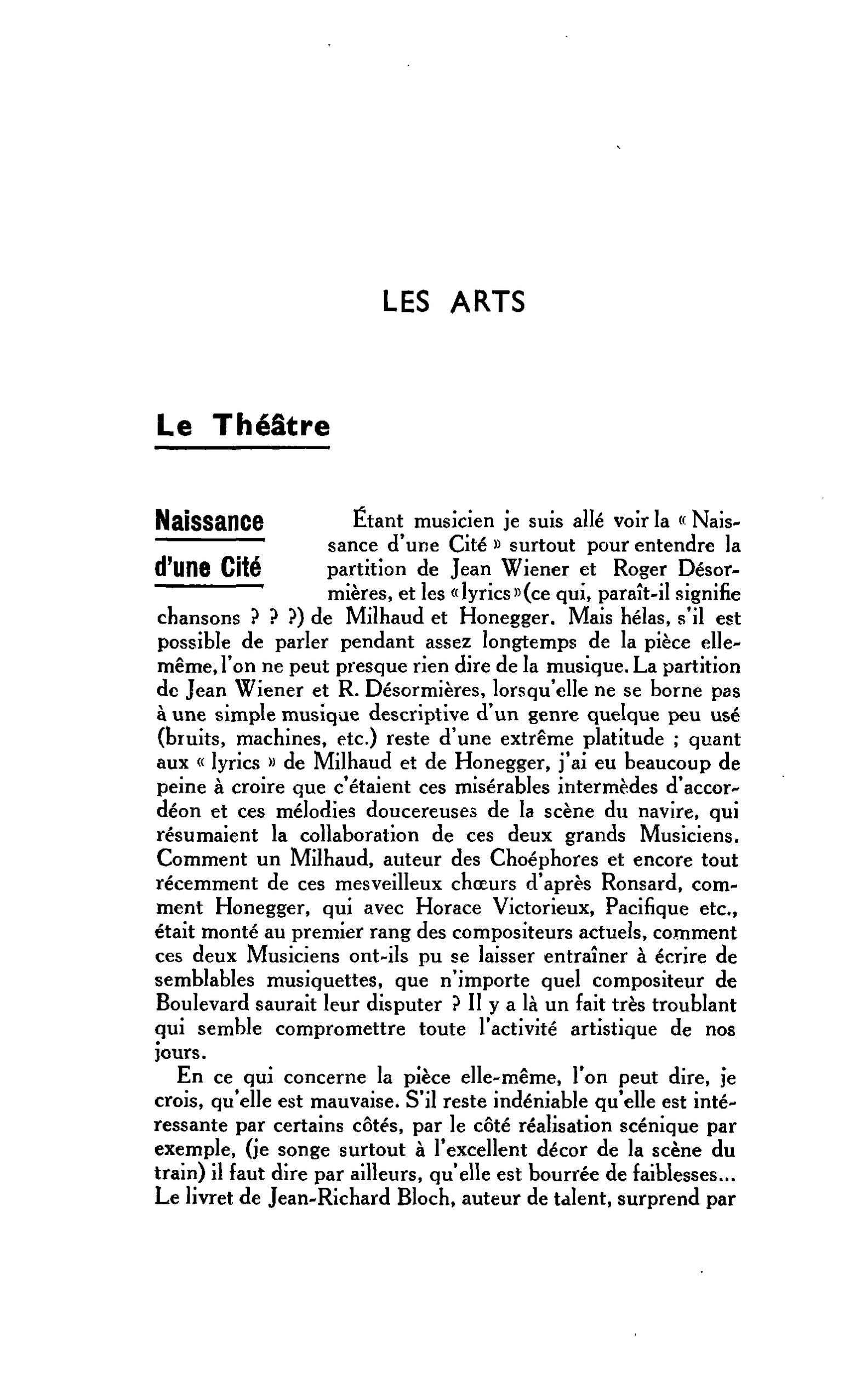 LES ARTS. Le Théâtre. Naissance d’une Cité