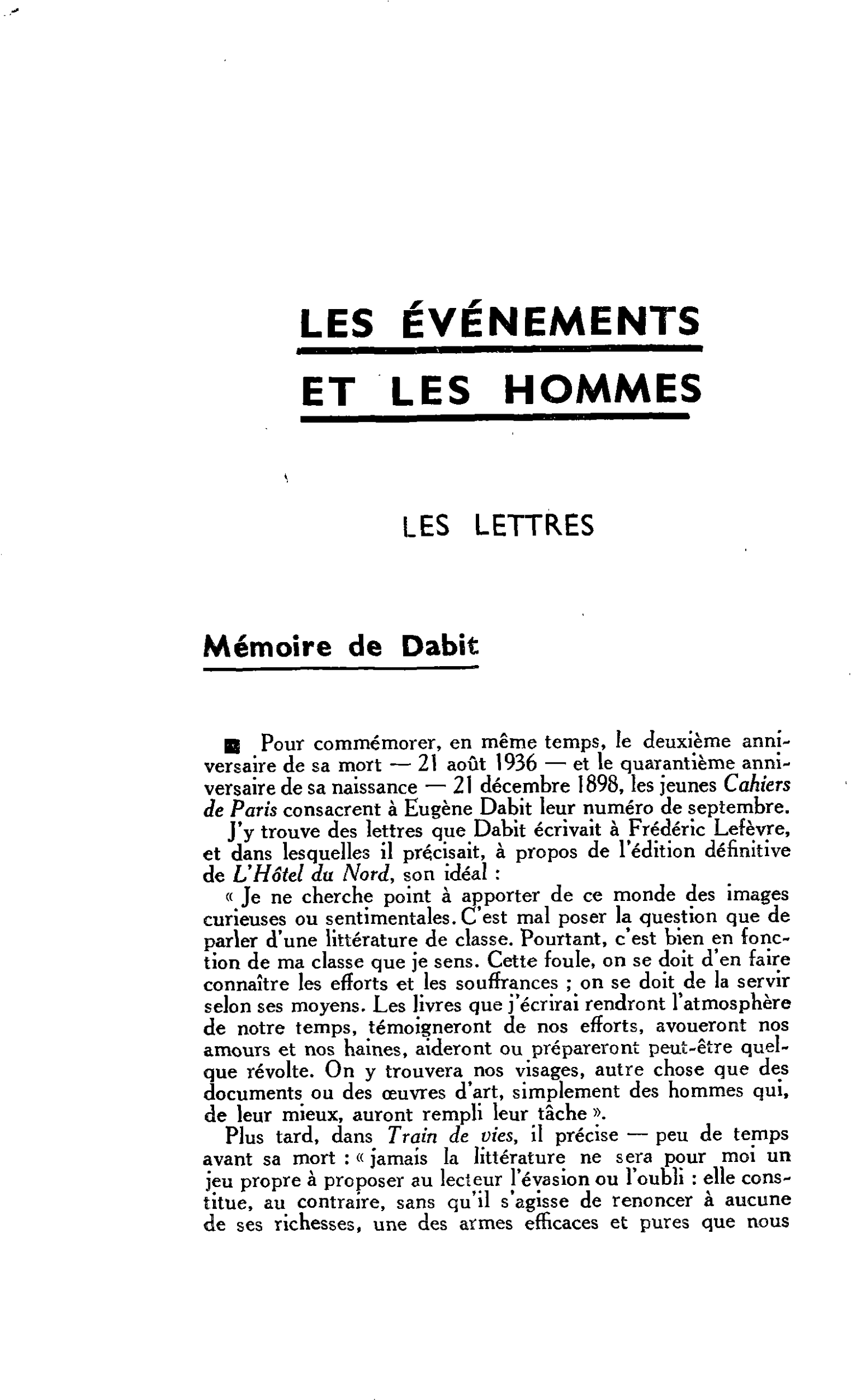 LES LETTRES : Mémoire de Dabit