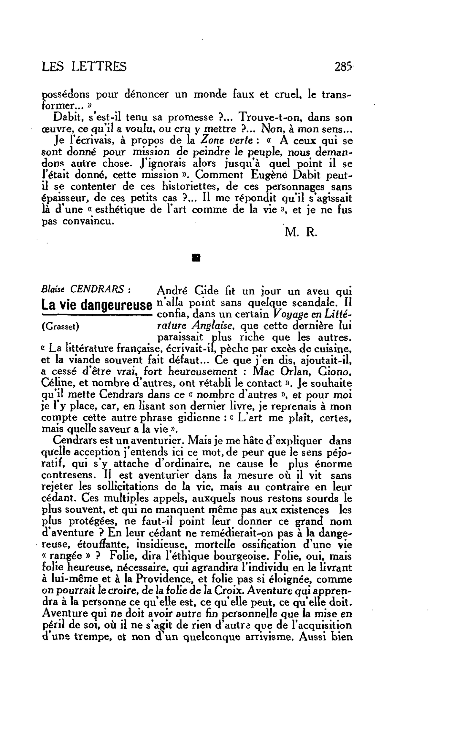 LES LETTRES. Biaise CENDRARS : La vie dangeureuse