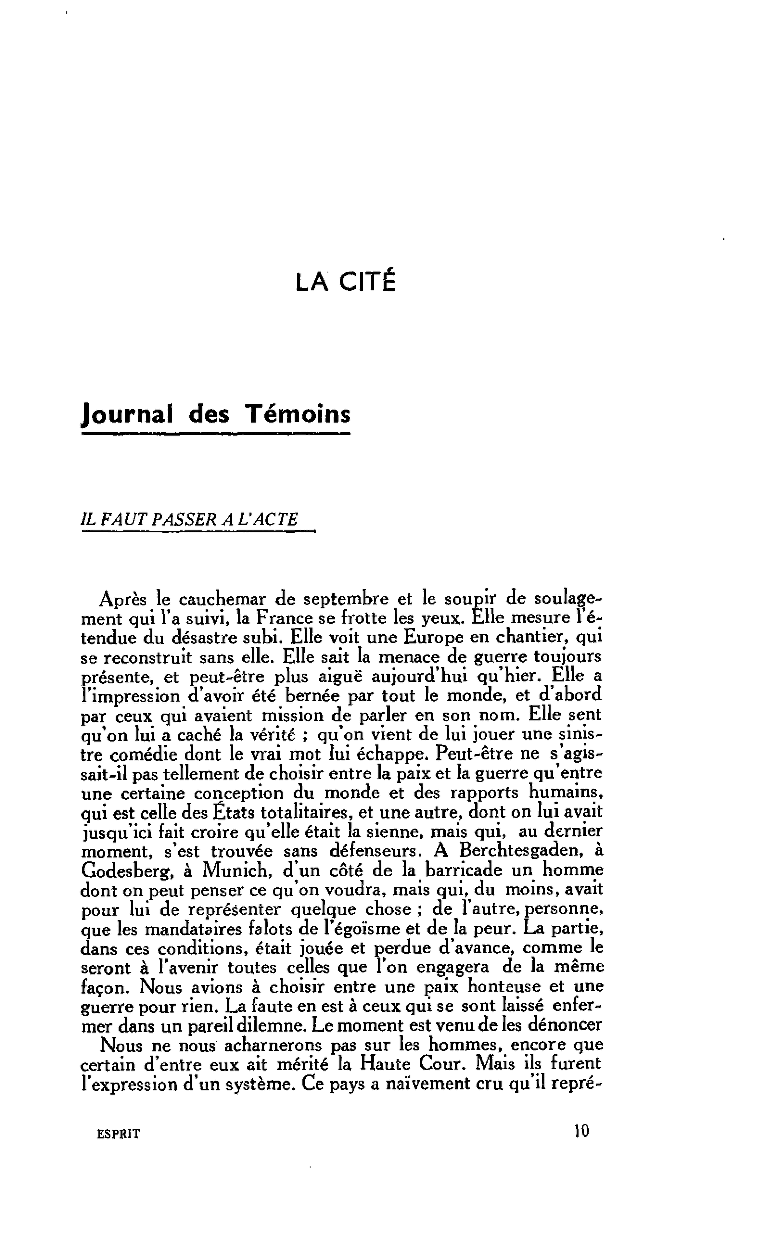LA CITÉ. Journal des Témoins : IL FAUT PASSER A L’ACTE