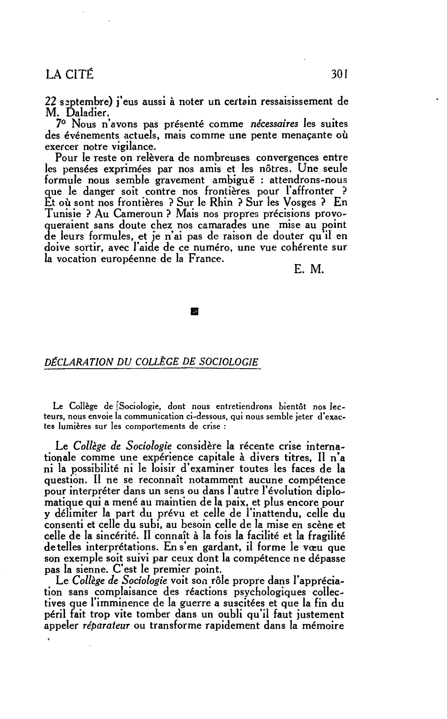 LA CITÉ : DÉCLARATION DU COLLÈGE DE SOCIOLOGIE
