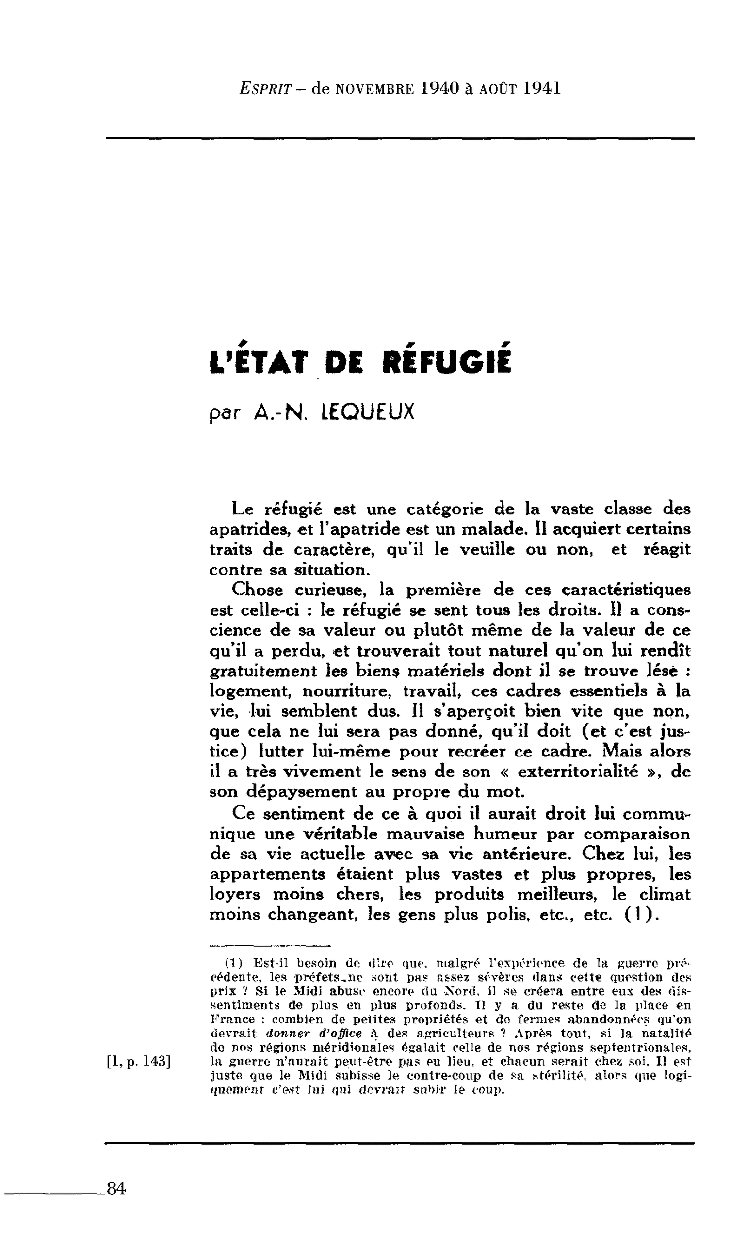 L’ÉTAT DE RÉFUGIÉ