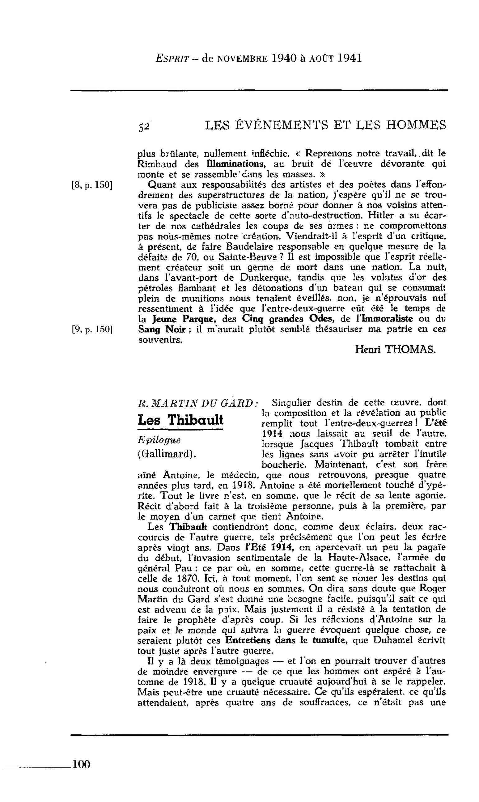 Les lettres : B. MARTIN DU GARD : Les Thibault