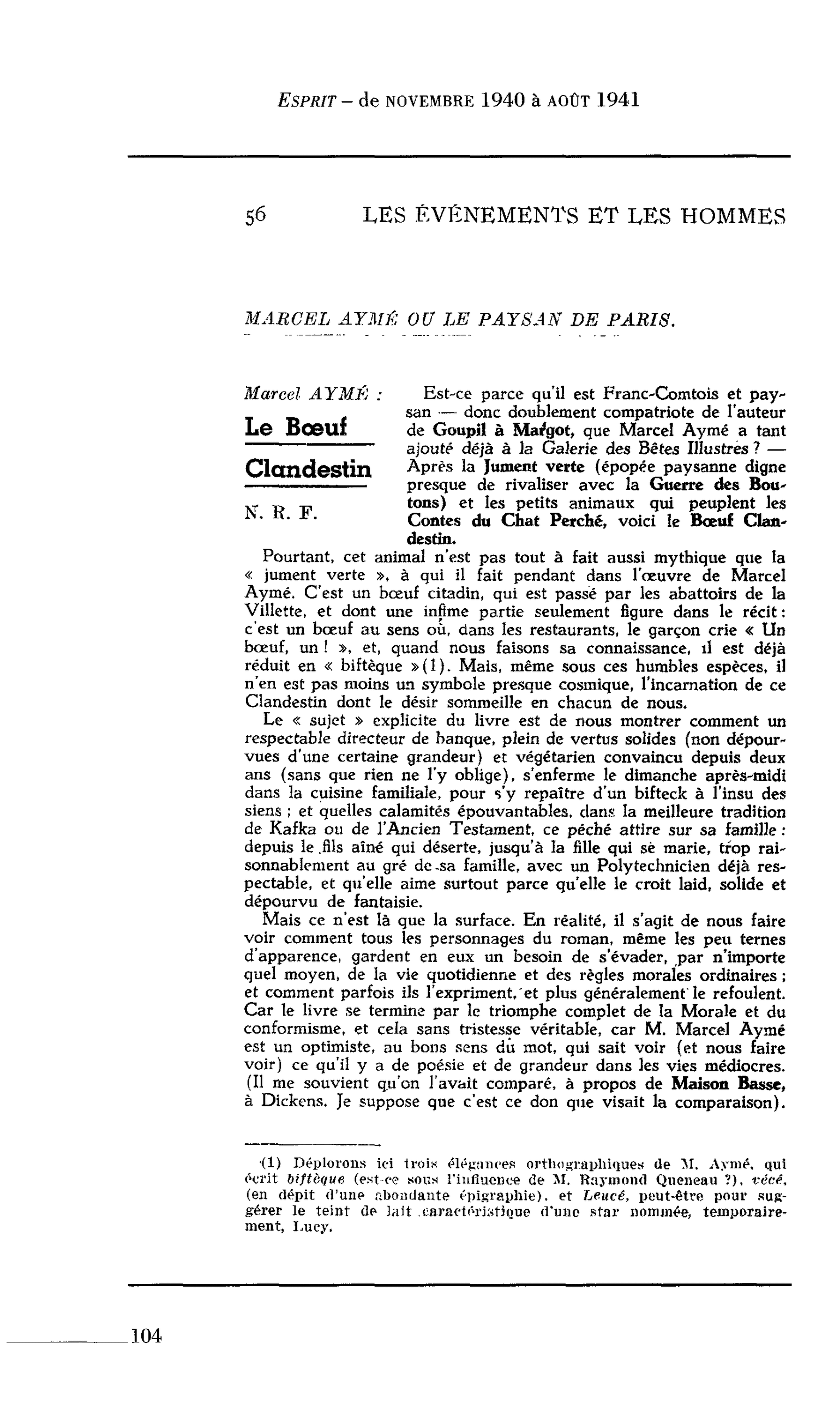 Les lettres : MARCEL AYMÉ OU LE PAYSAN DE PARIS Marcel AYMÉ : Le Boeuf Clandestin