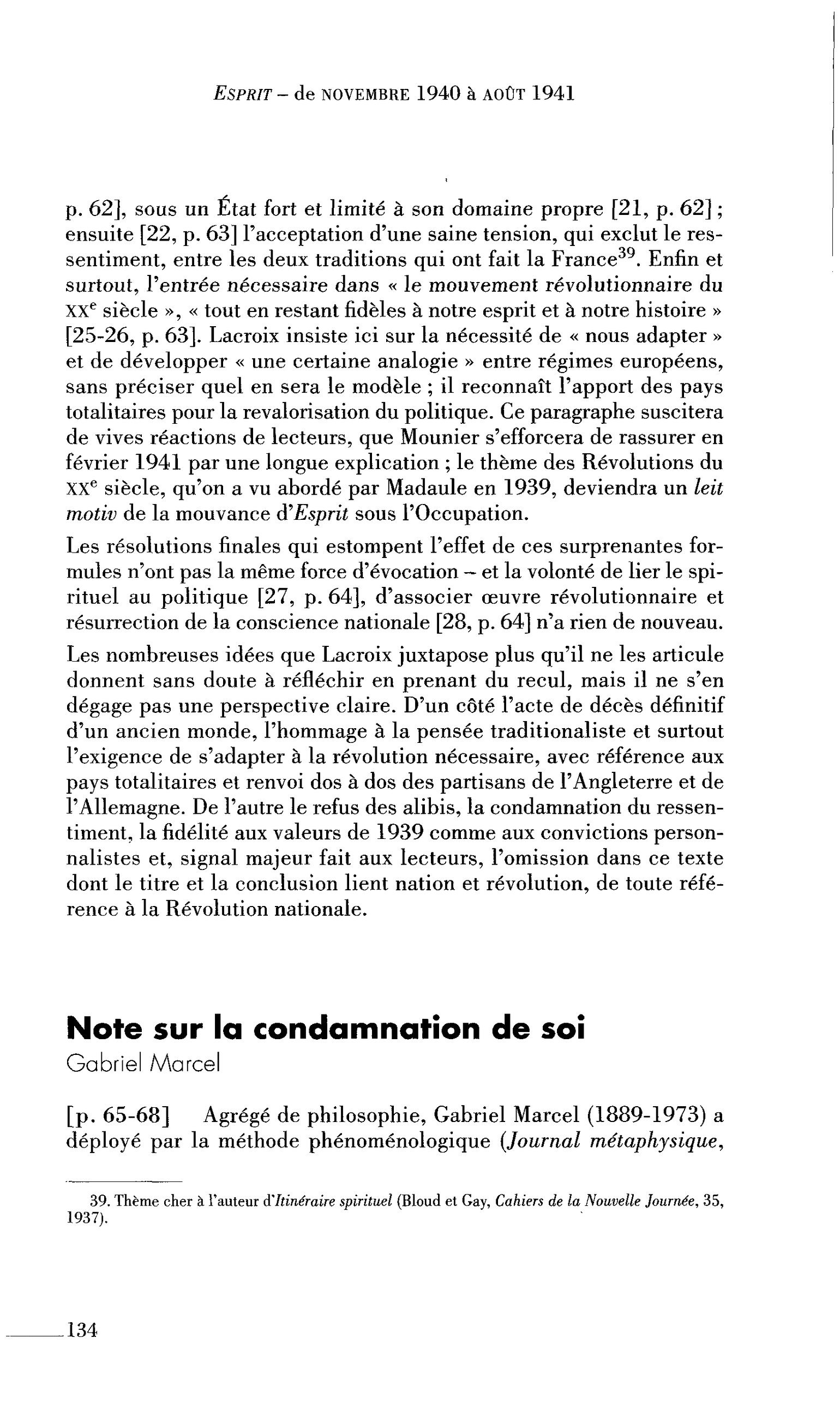 Note sur la condamnation de soi (par Marcel Gabriel)