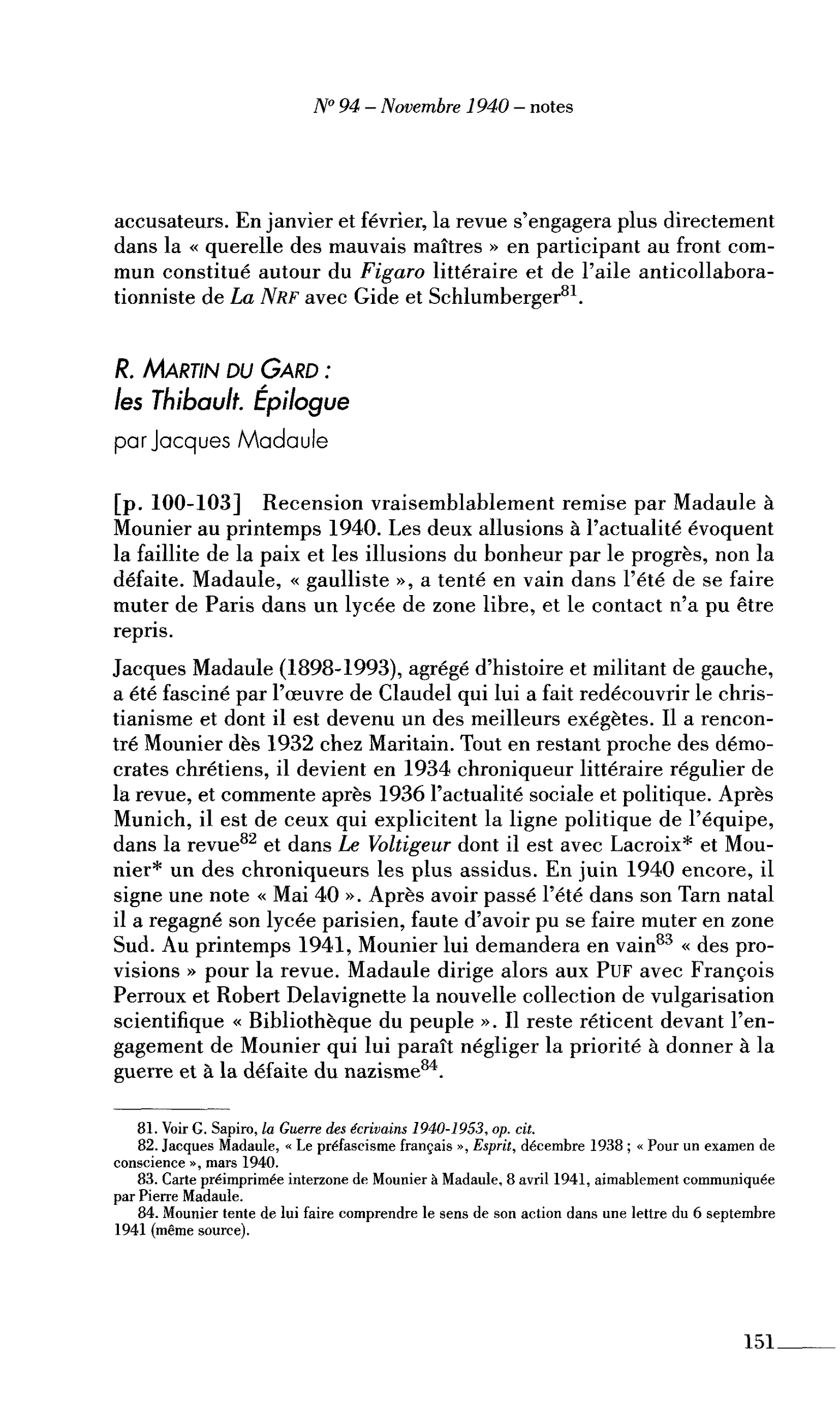 R. Martin du Gard : les Thibault. Epilogue (par Madaule Jacques)