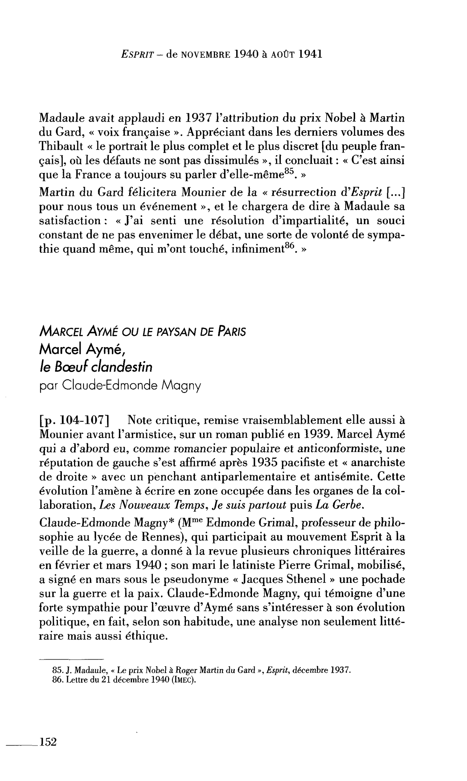Marcel Aymé ou le paysan de Paris Marcel Aymé, le Boeuf clandestin (par Magny Claude-Edmonde)