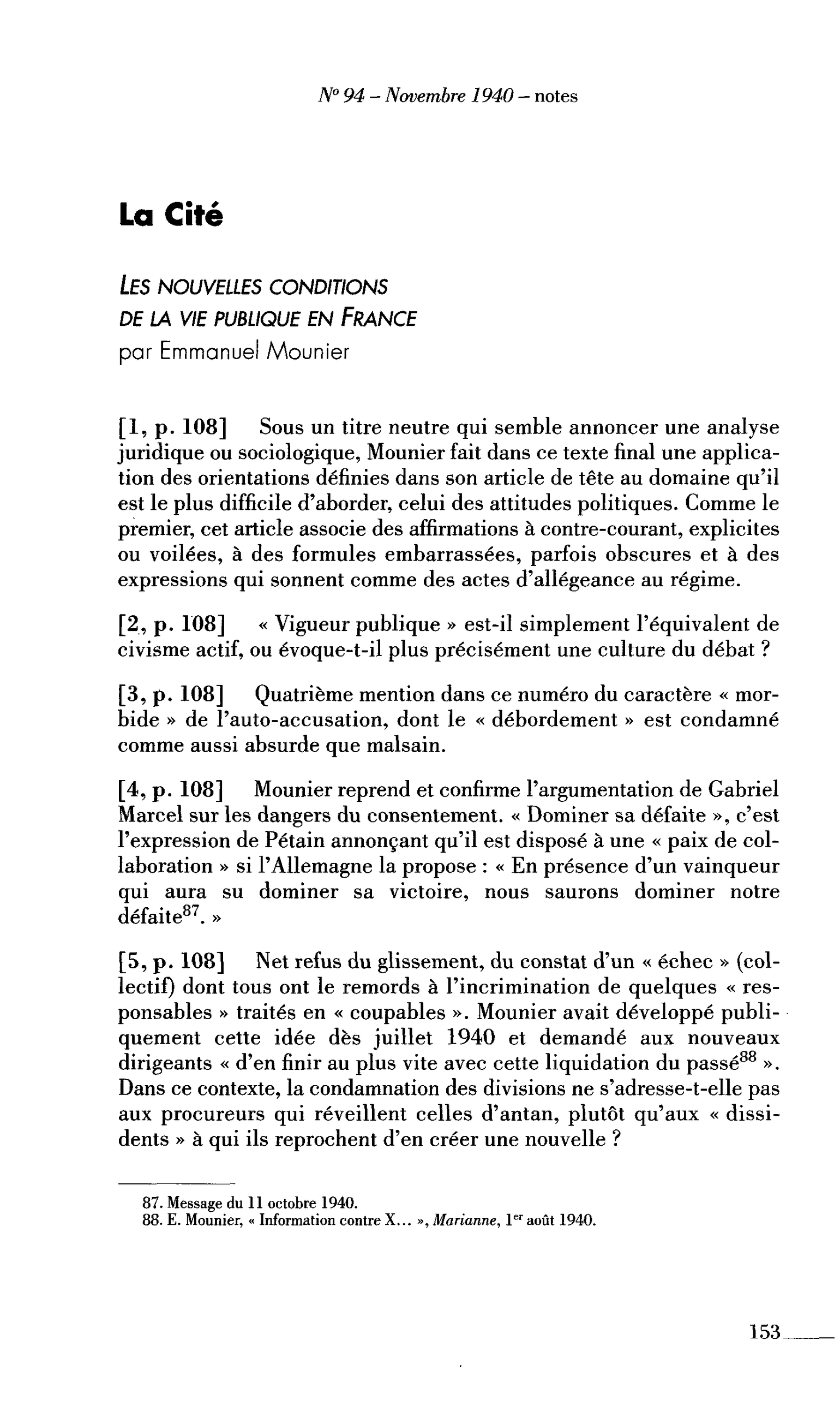 La Cité : Les nouvelles conditions de la vie publique en France (par Mounier Emmanuel)
