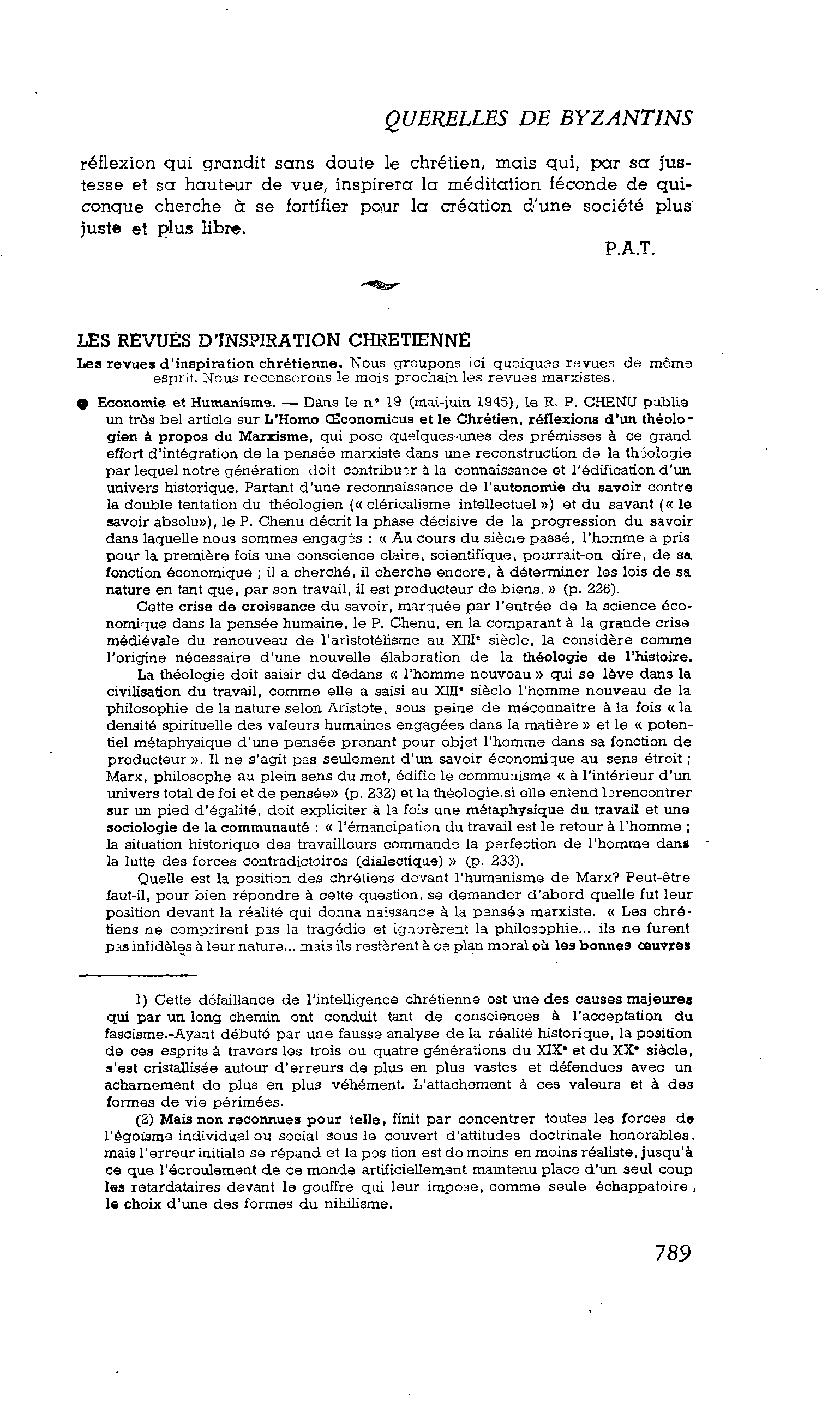 La pensée engagée: les revues d’inspiration chrétienne: Economie et Humanisme