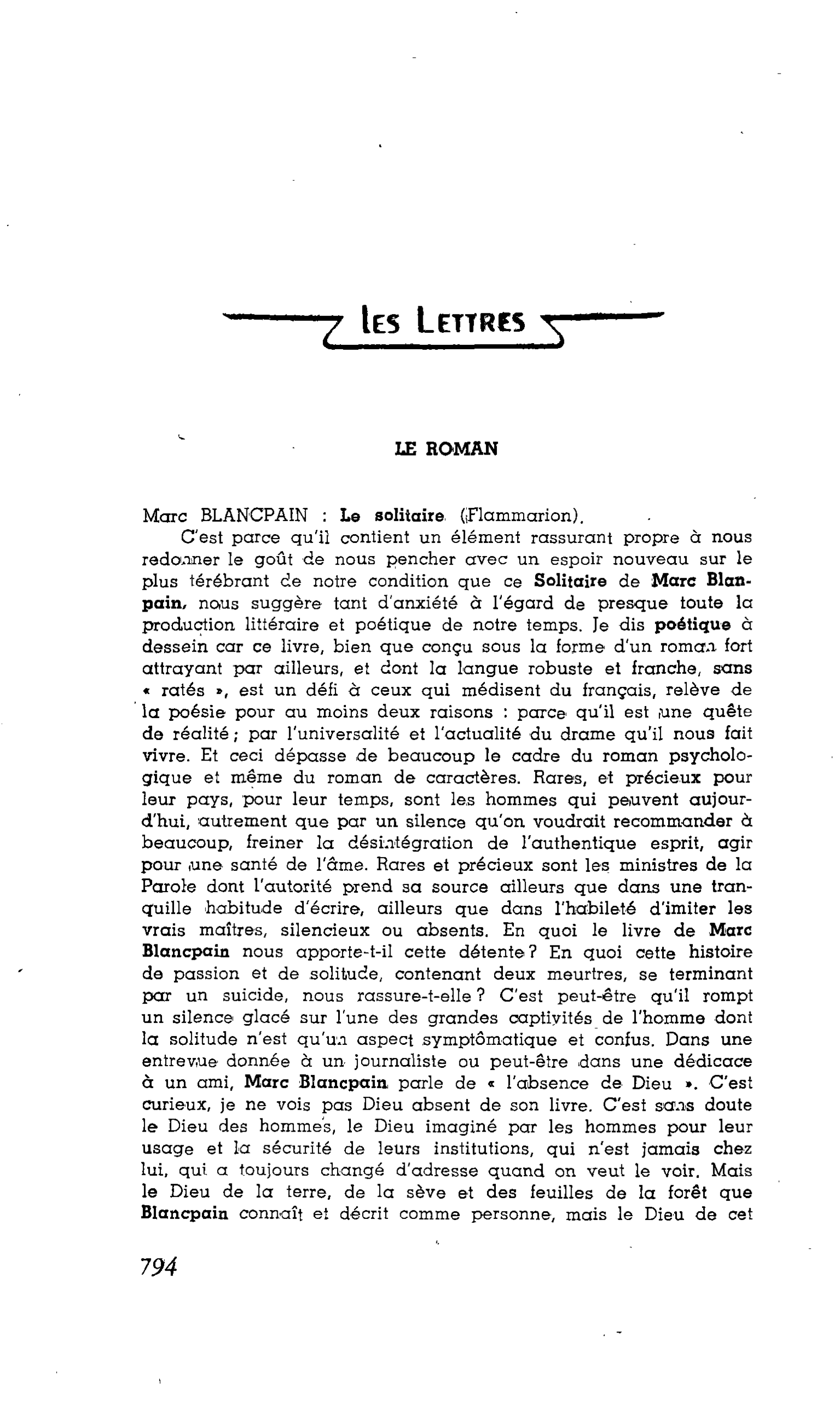 LA PENSÉE ENGAGÉE. LES LETTRES. LE ROMAN. Marc BLANCPAIN : Le solitaire