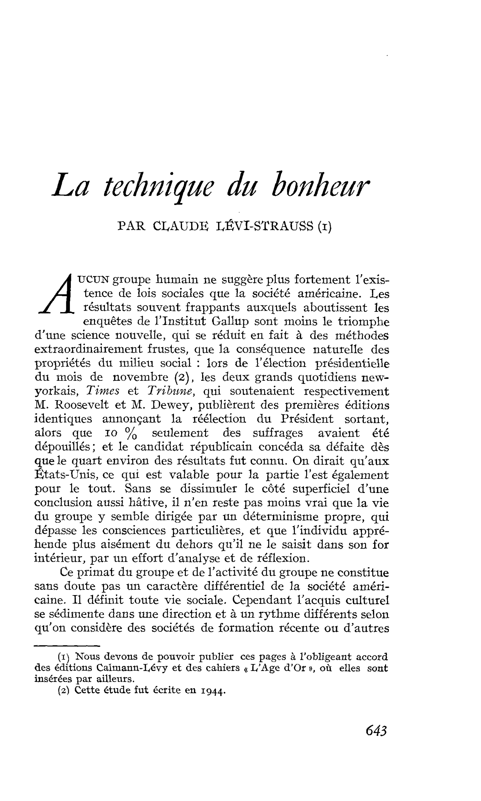 La technique du bonheur - Claude Lévi-Strauss