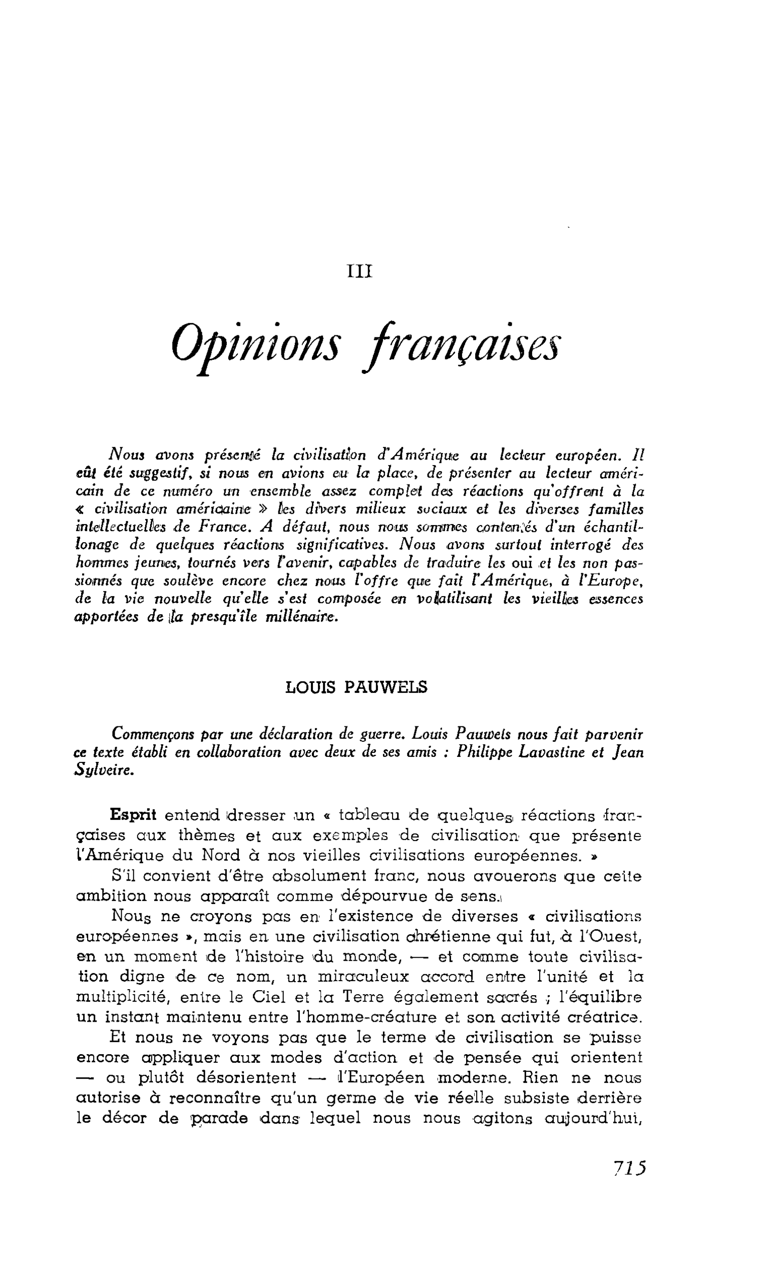 III. Opinions françaises