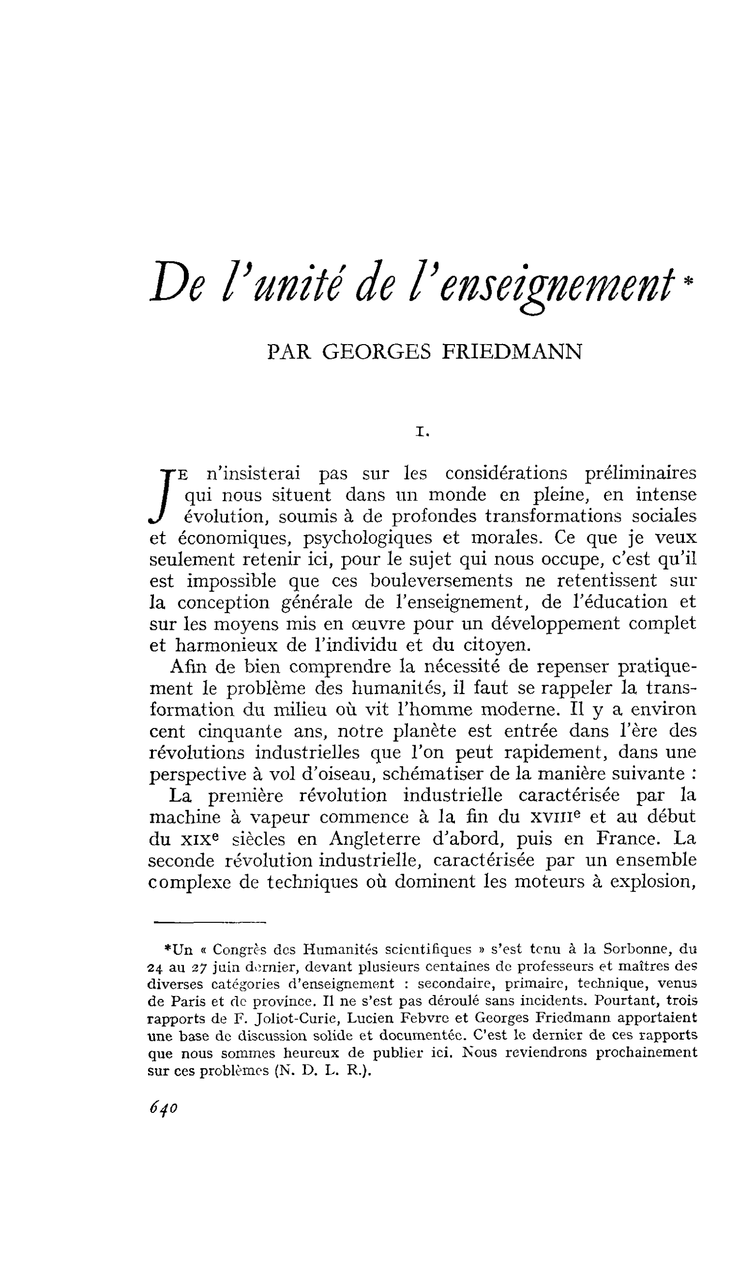 De l’unité de l’enseignement
