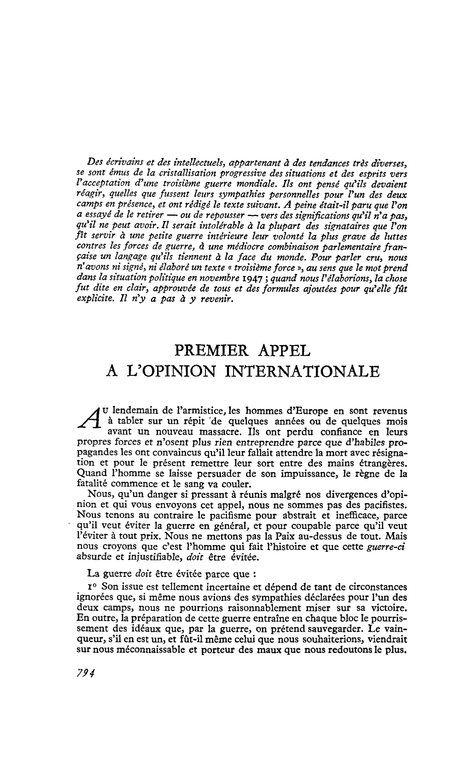 PREMIER APPEL A L’OPINION INTERNATIONALE