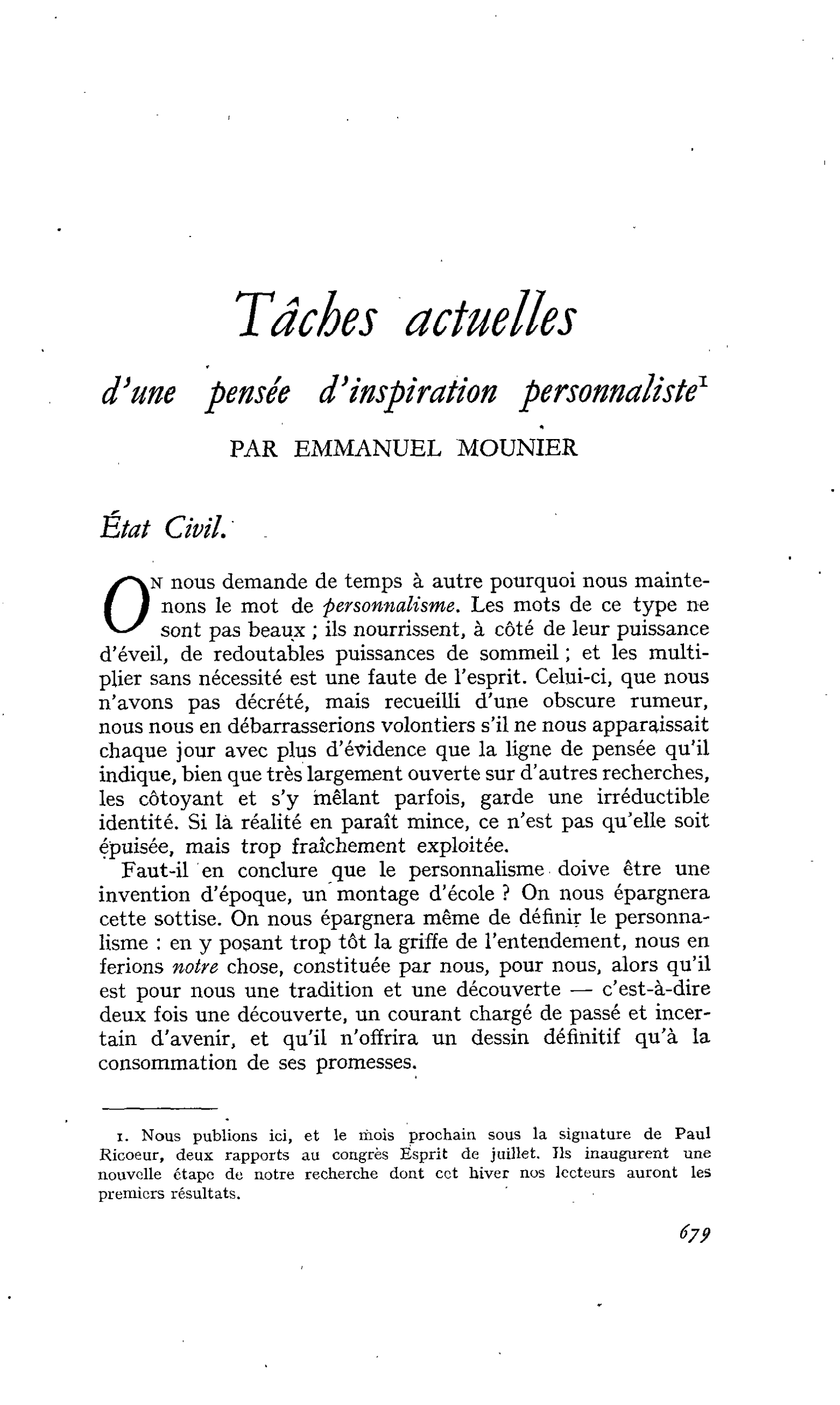 Tâches actuelles d’une pensée d’inspiration personnaliste