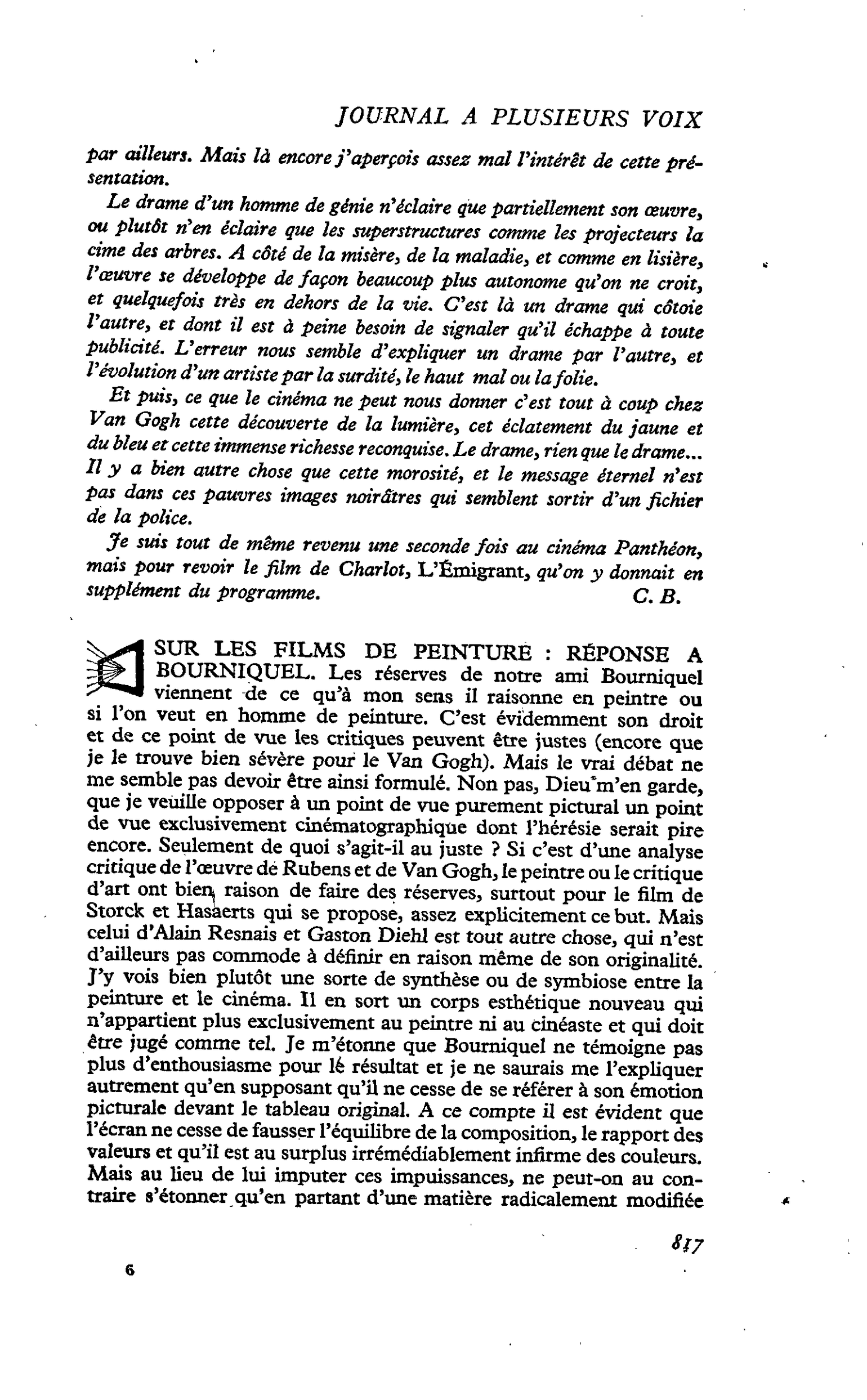 SUR LES FILMS DE PEINTURE : RÉPONSE A BOURNIQUEL