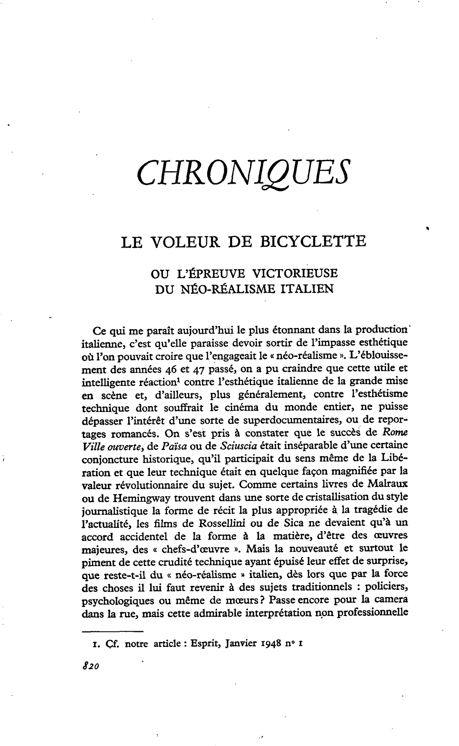 Le voleur de bicyclette ou l’épreuve victorieuse du néo-réalisme italien