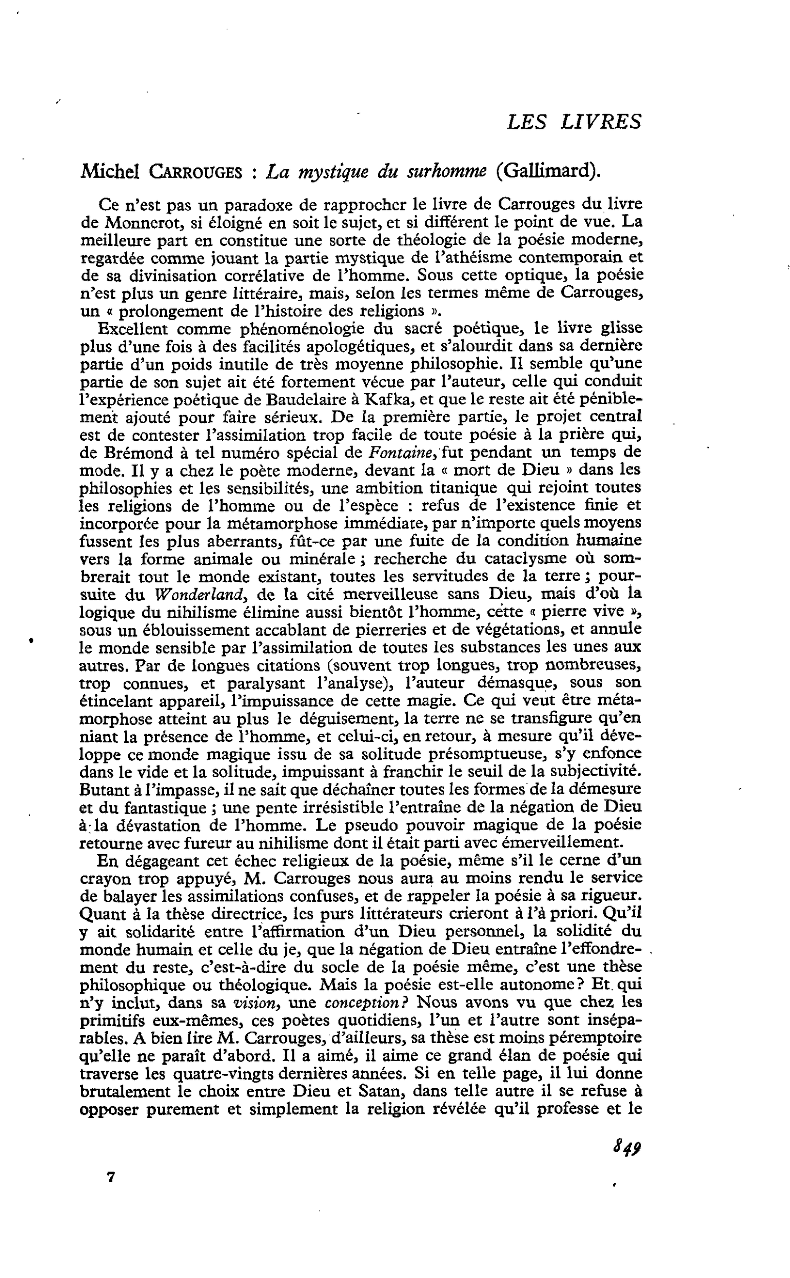 Michel Carrouges : La mystique du surhomme
