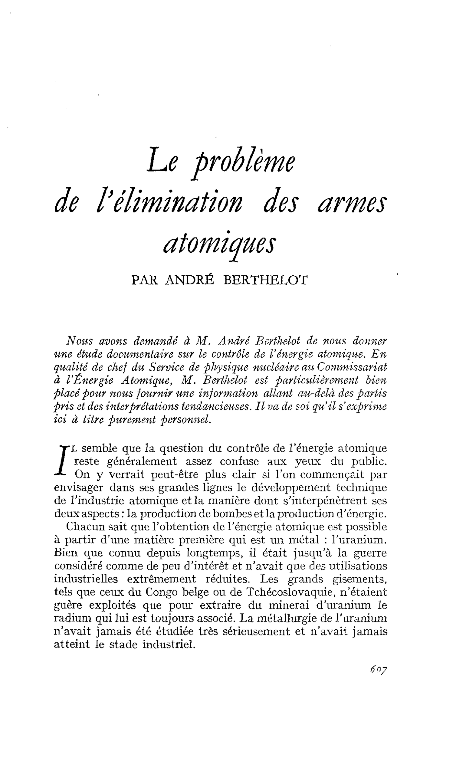 Le problème de l’élimination des armes atomiques