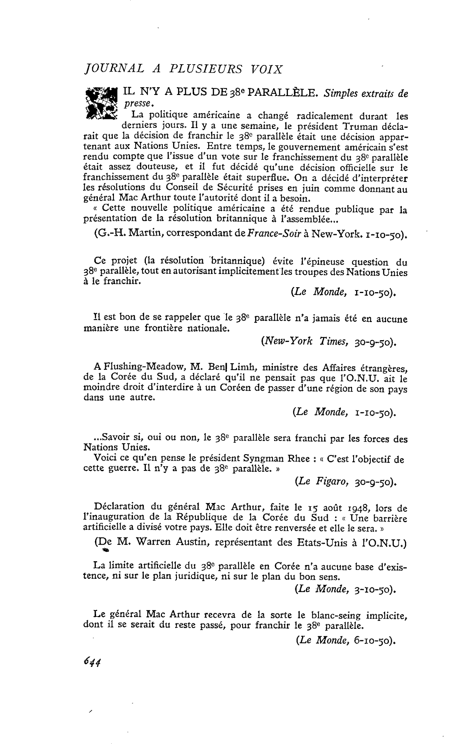 IL N’Y A PLUS DE 38e PARALLÈLE