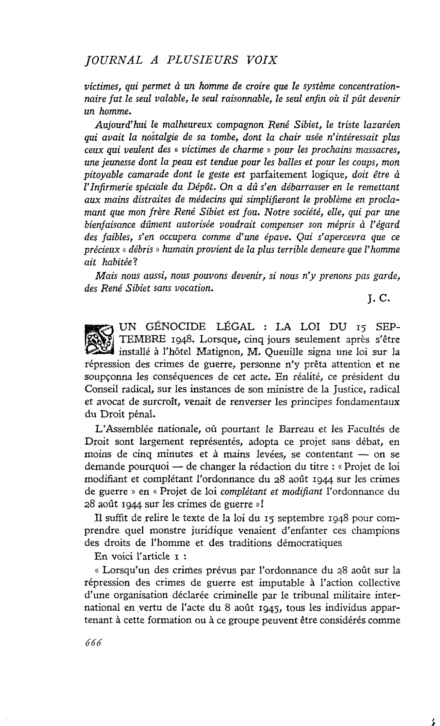 UN GÉNOCIDE LÉGAL : LA LOI DU 15 SEPTEMBRE 1948