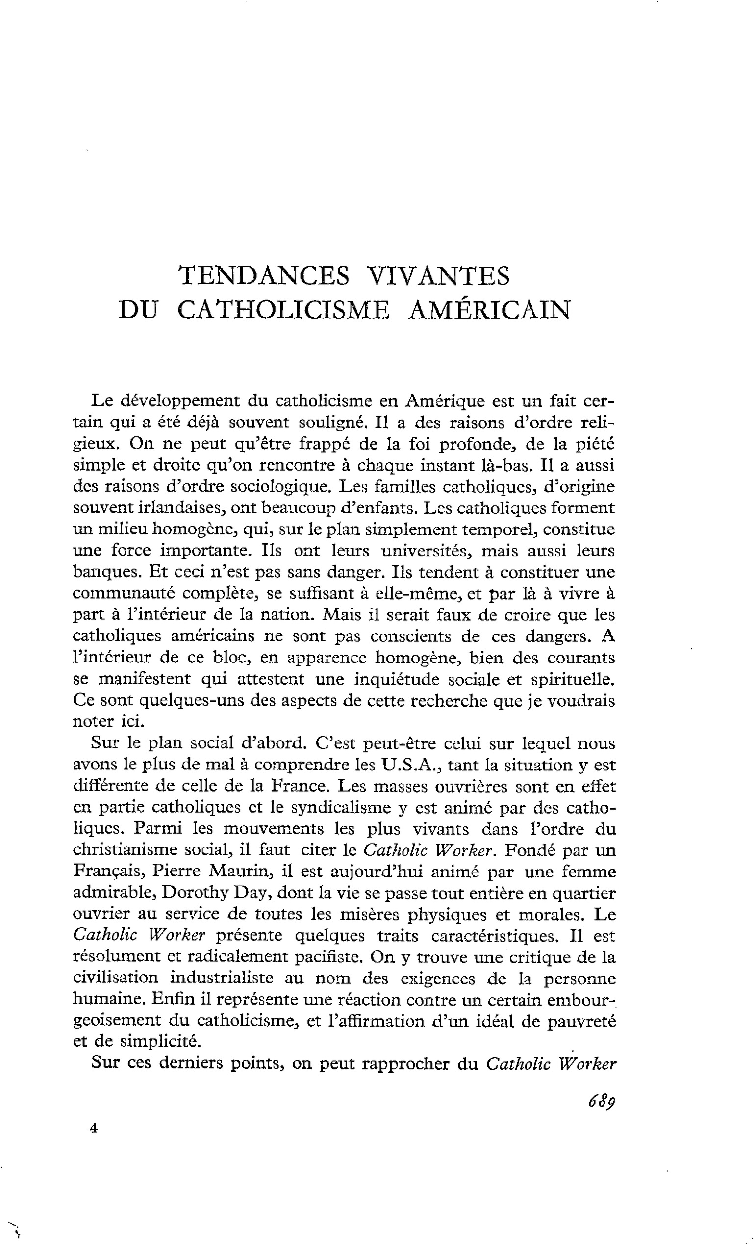 TENDANCES VIVANTES DU CATHOLICISME AMÉRICAIN