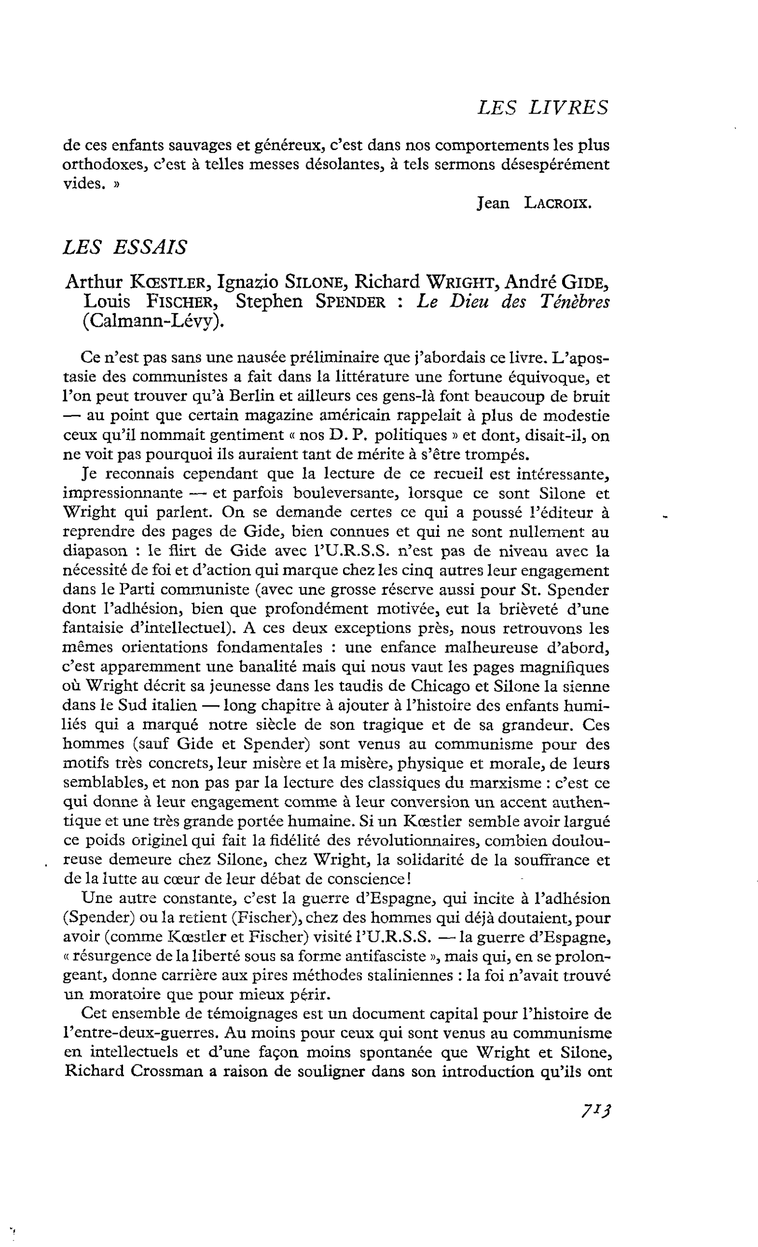Arthur Koestler, Ignazio Silone, Richard Wright, André Gide, Louis Fischer, Stephen Spender : Le Dieu des Ténèbres (Calmann-Lévy)