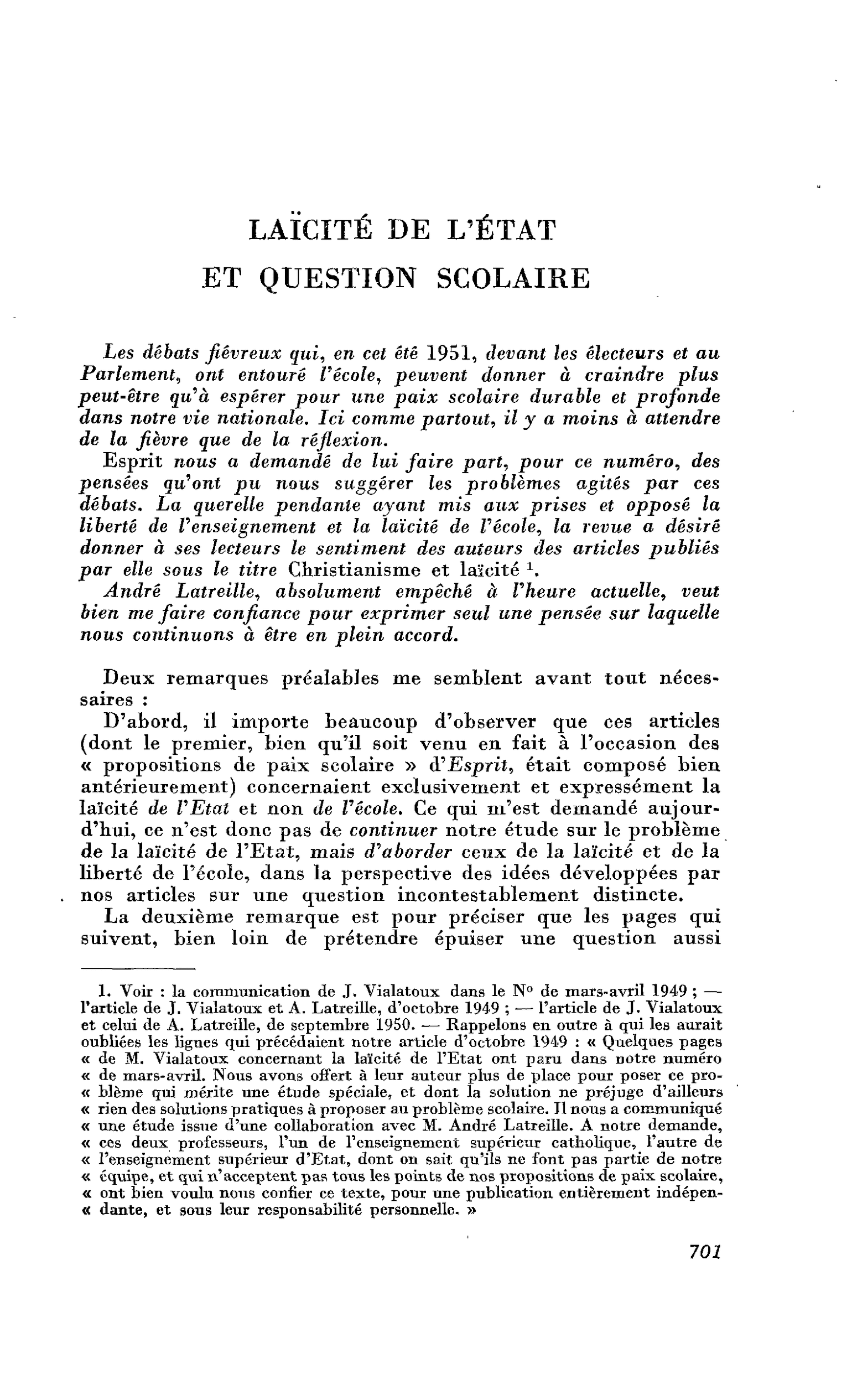 LAÏCITÉ DE L’ÉTAT ET QUESTION SCOLAIRE