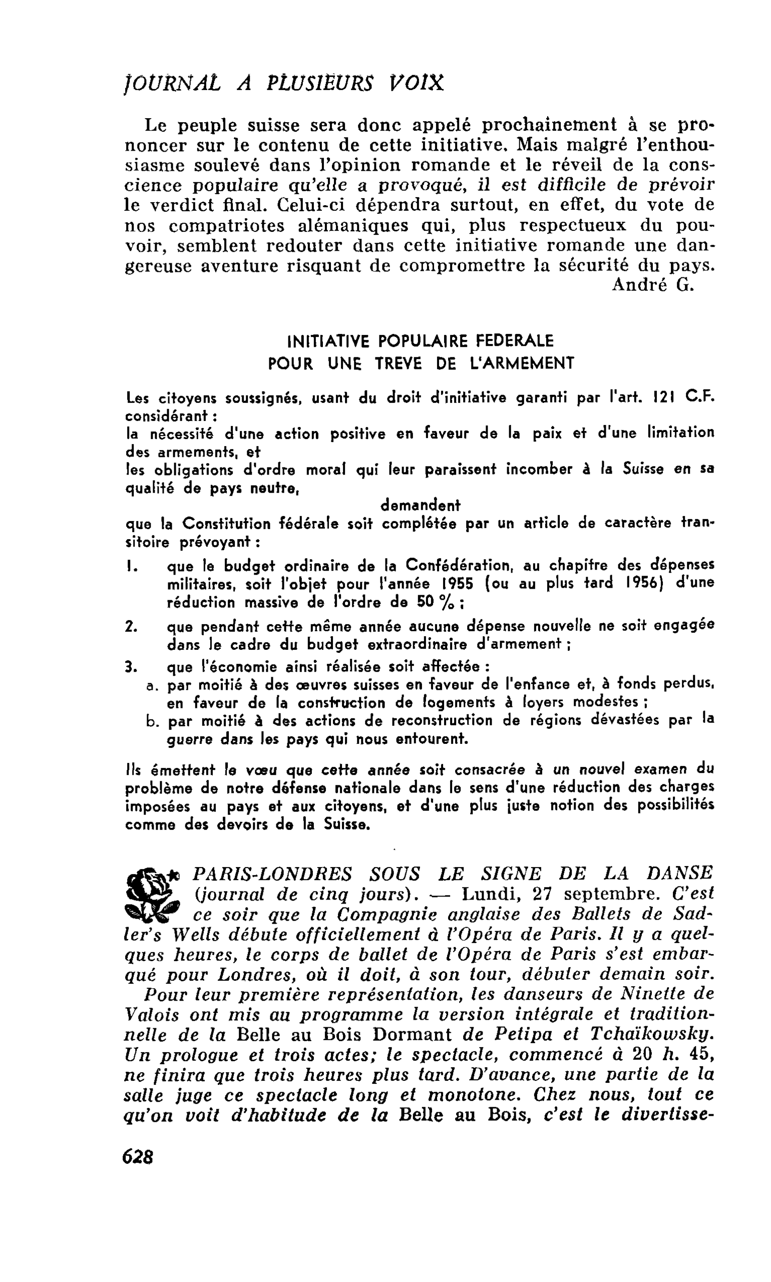 INITIATIVE POPULAIRE FEDERALE POUR UNE TREVE DE L’ARMEMENT