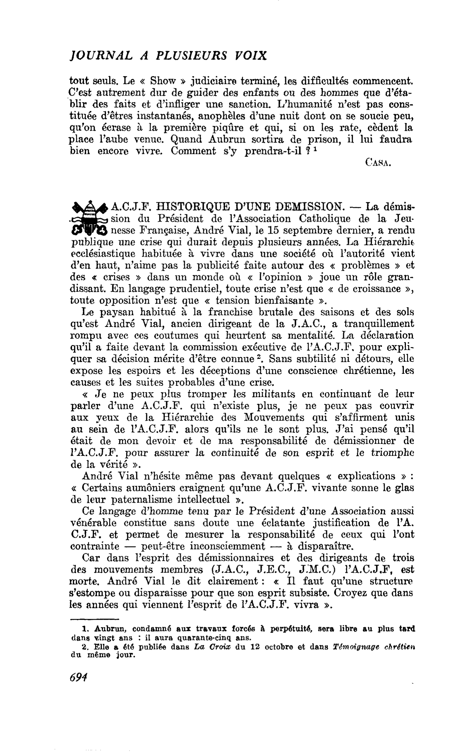 A.C.J.F. HISTORIQUE D’UNE DEMISSION