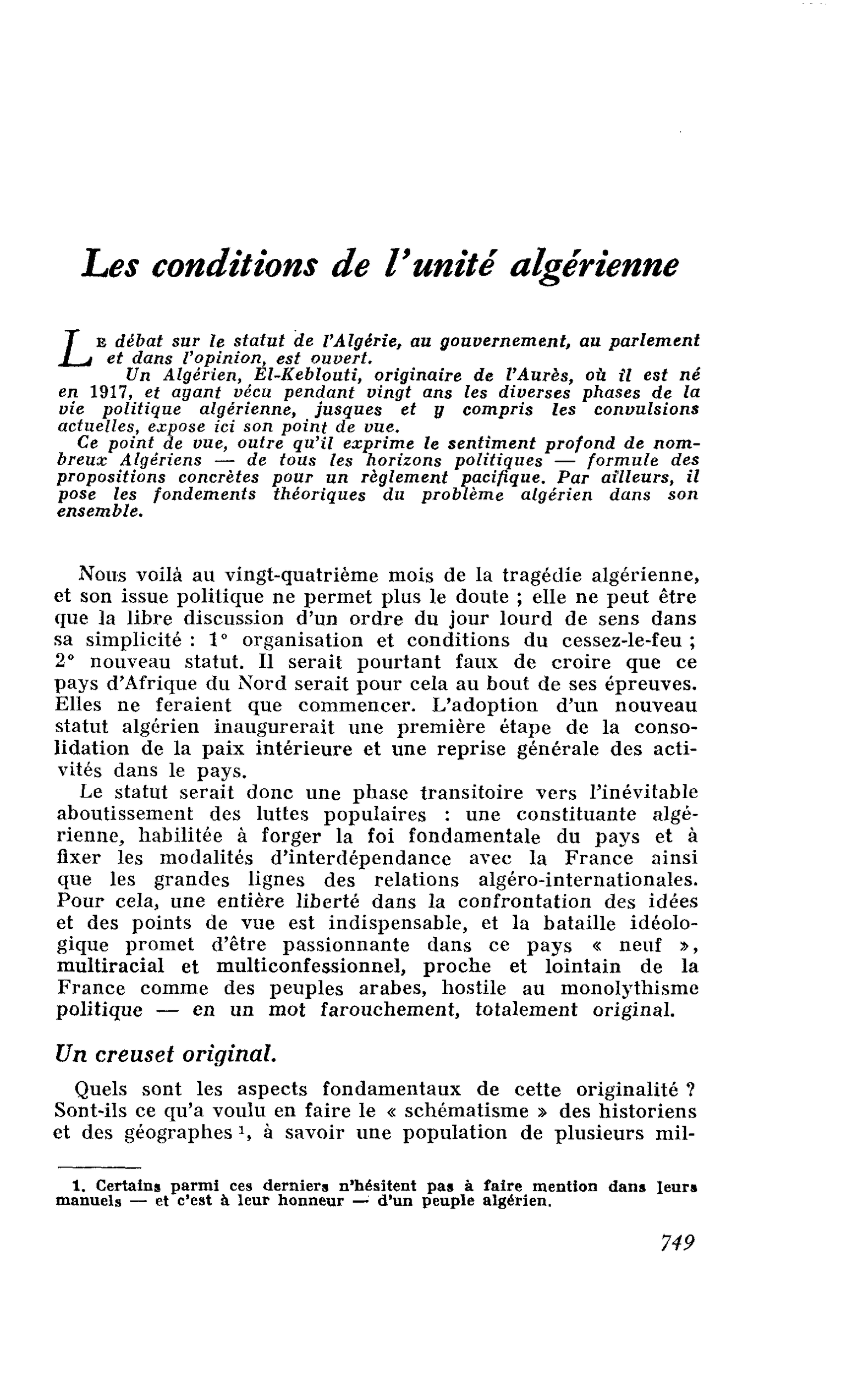 Les conditions de l’unité algérienne