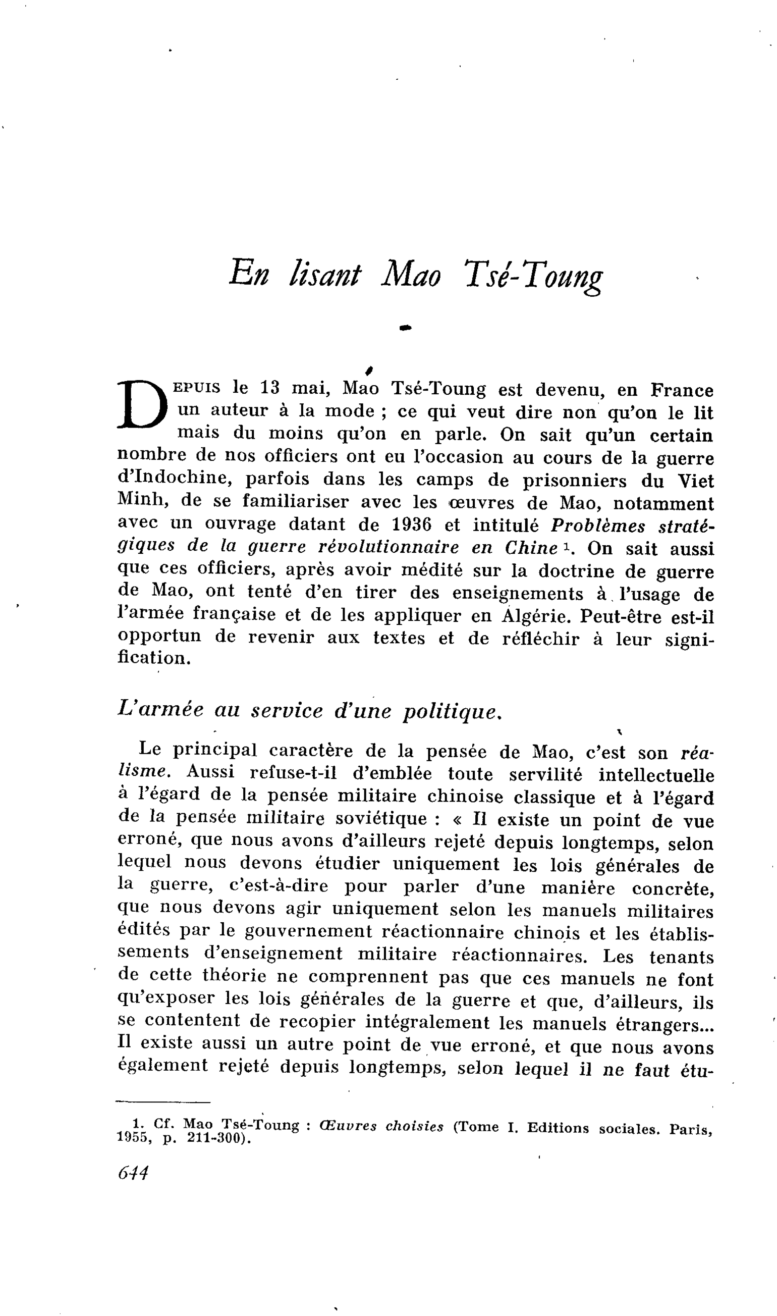 En lisant Mao Tsé-Toung