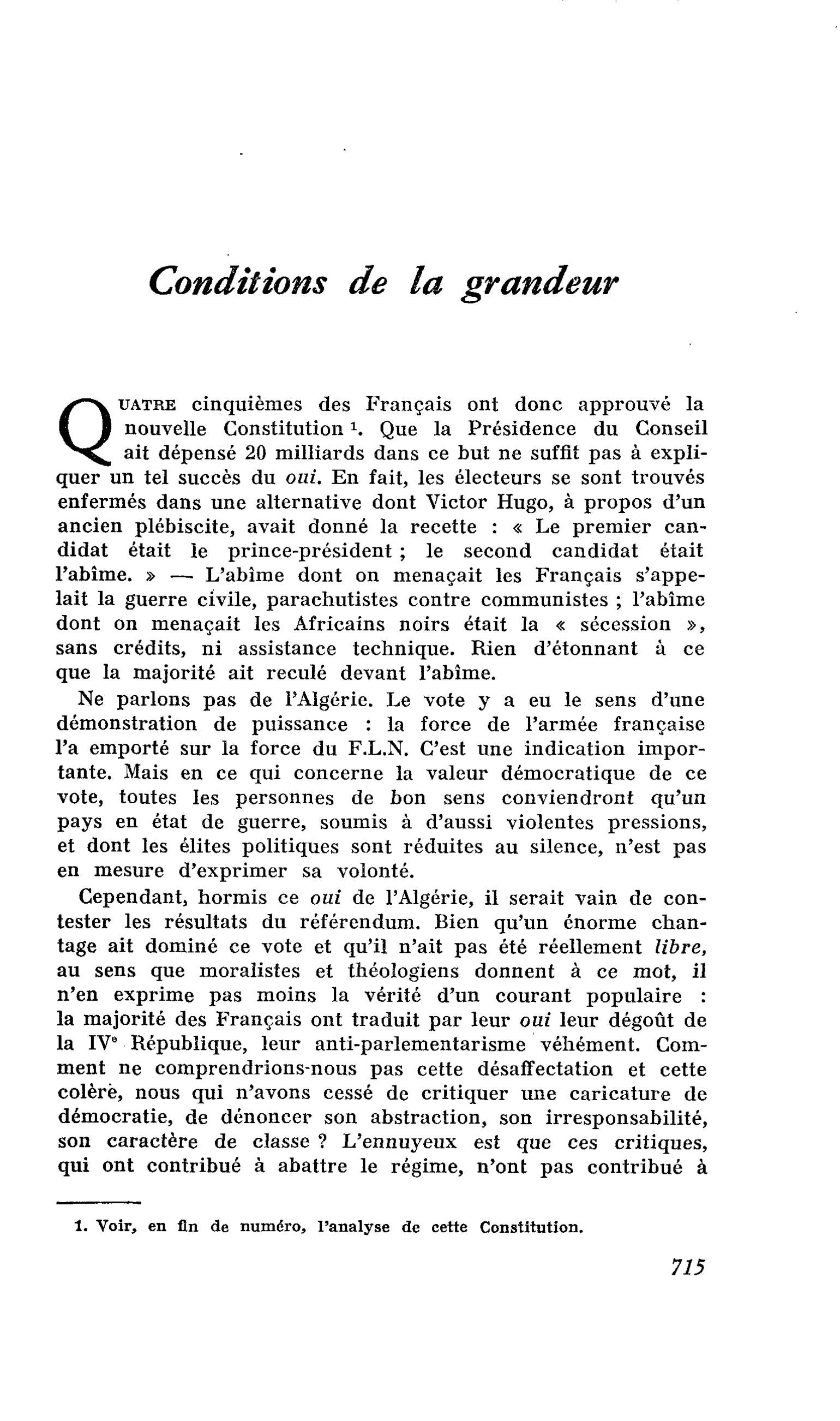 Conditions de la grandeur
