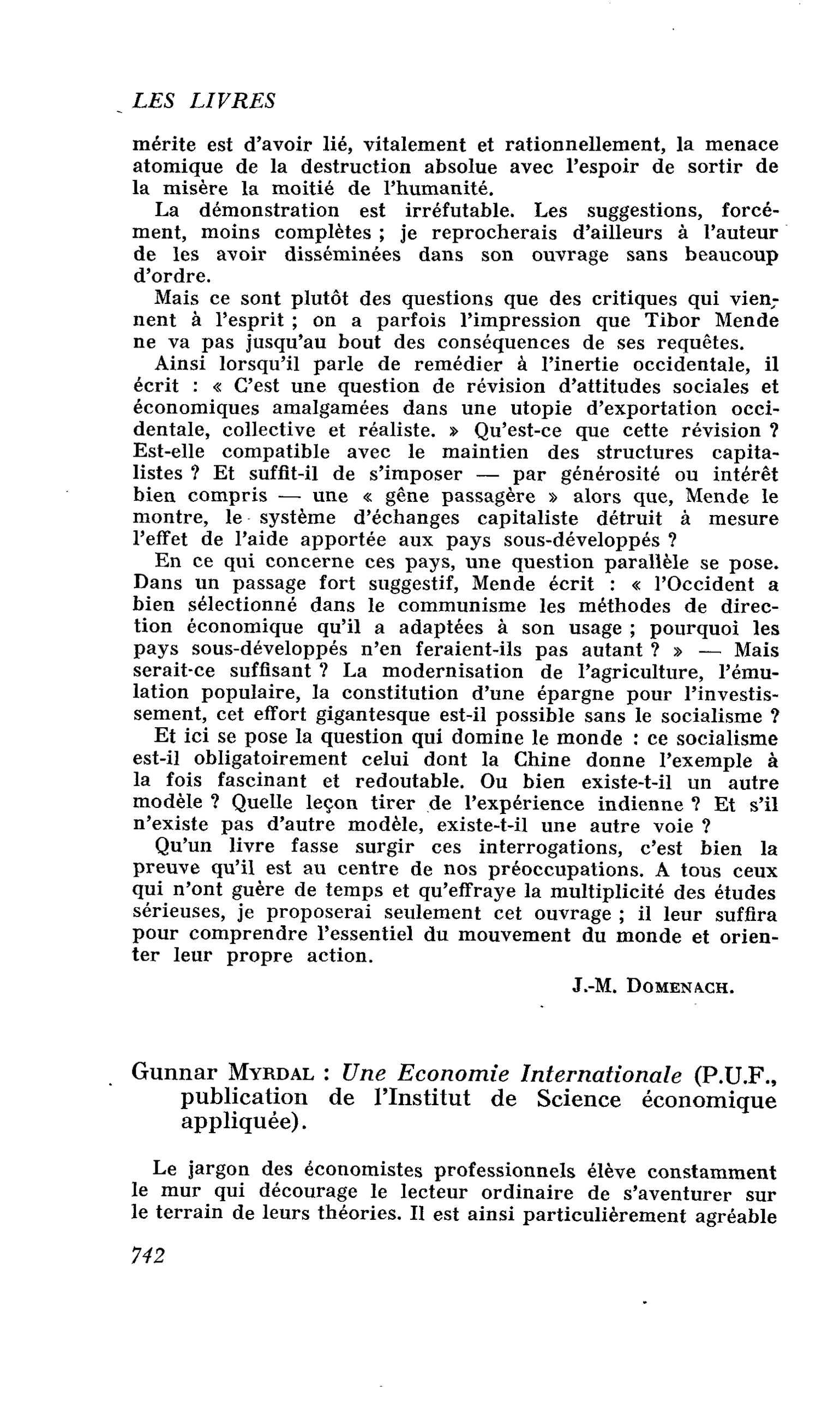 Gunnar Myrdal : Une Economie Internationale