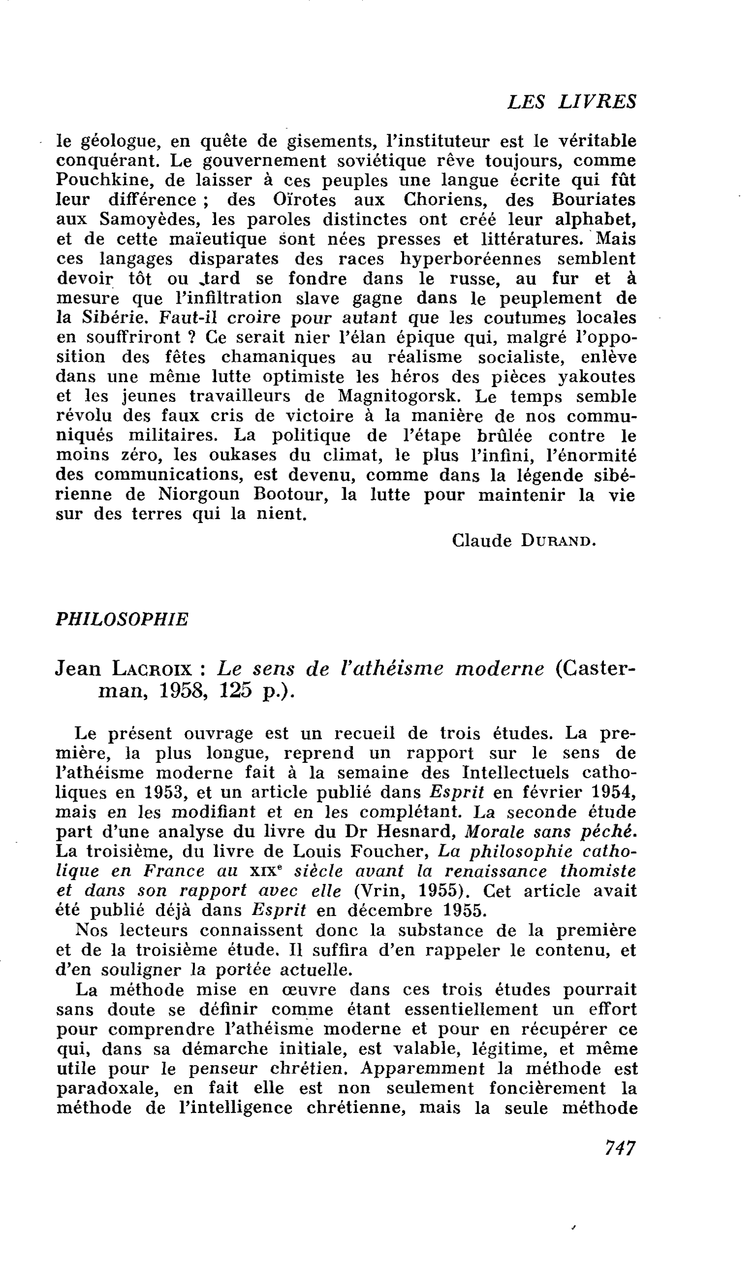 Jean Lacroix : Le sens de l’athéisme moderne