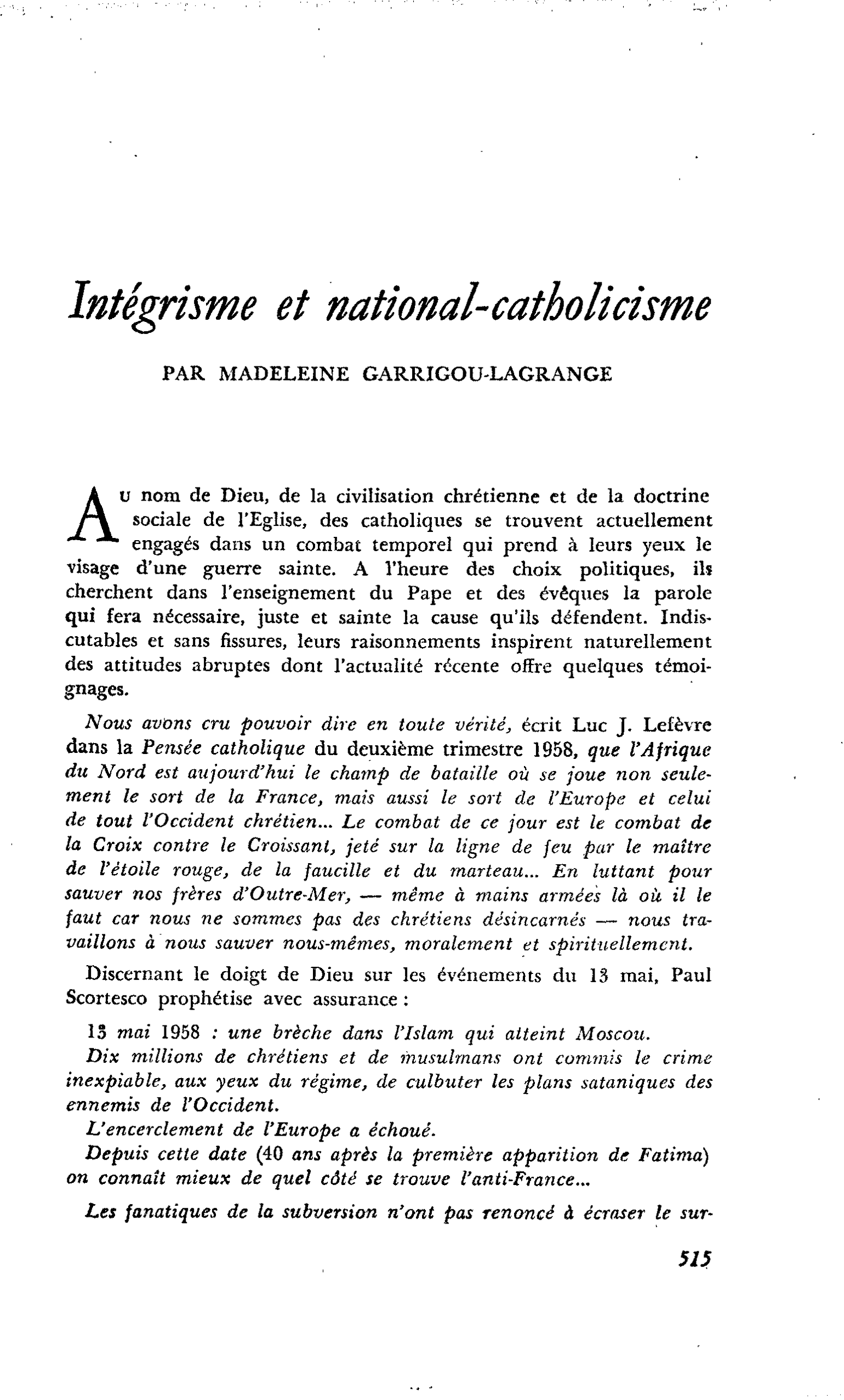 Intégrisme et national-catholicisme