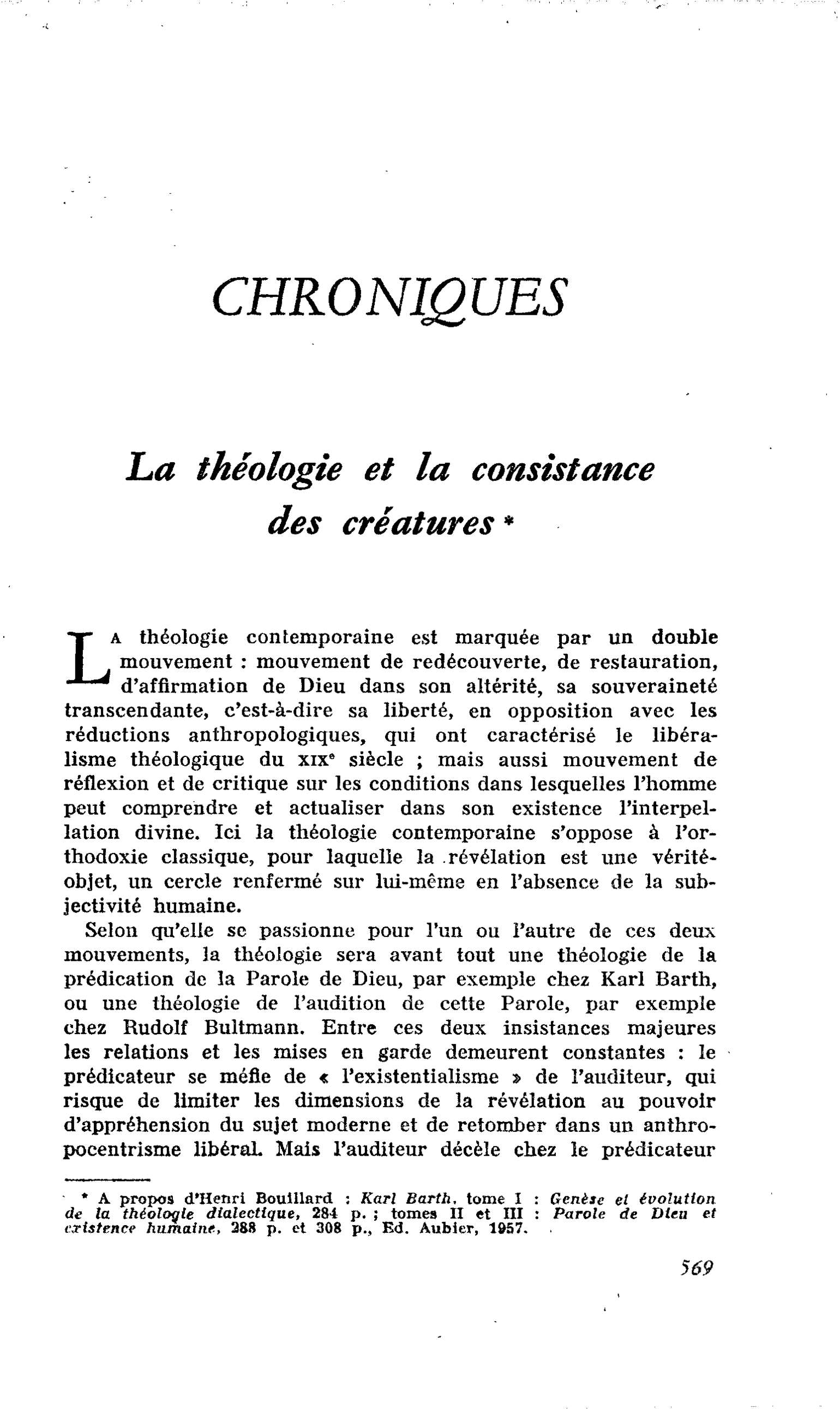 La théologie et la consistance des créatures