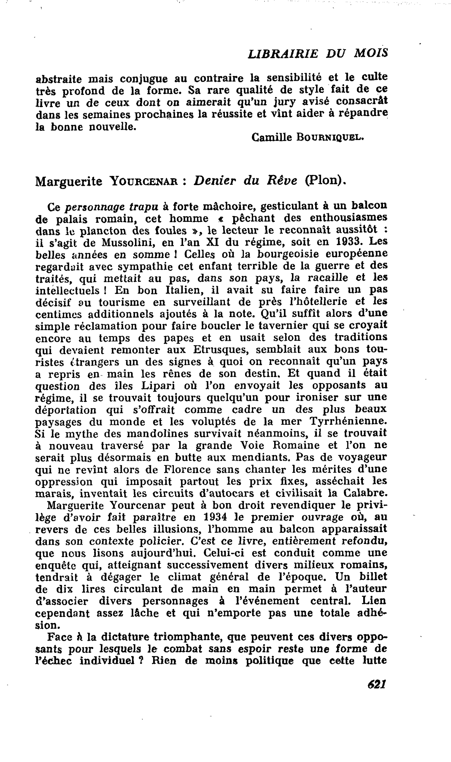 Marguerite Yourcenar : Denier du Rêve