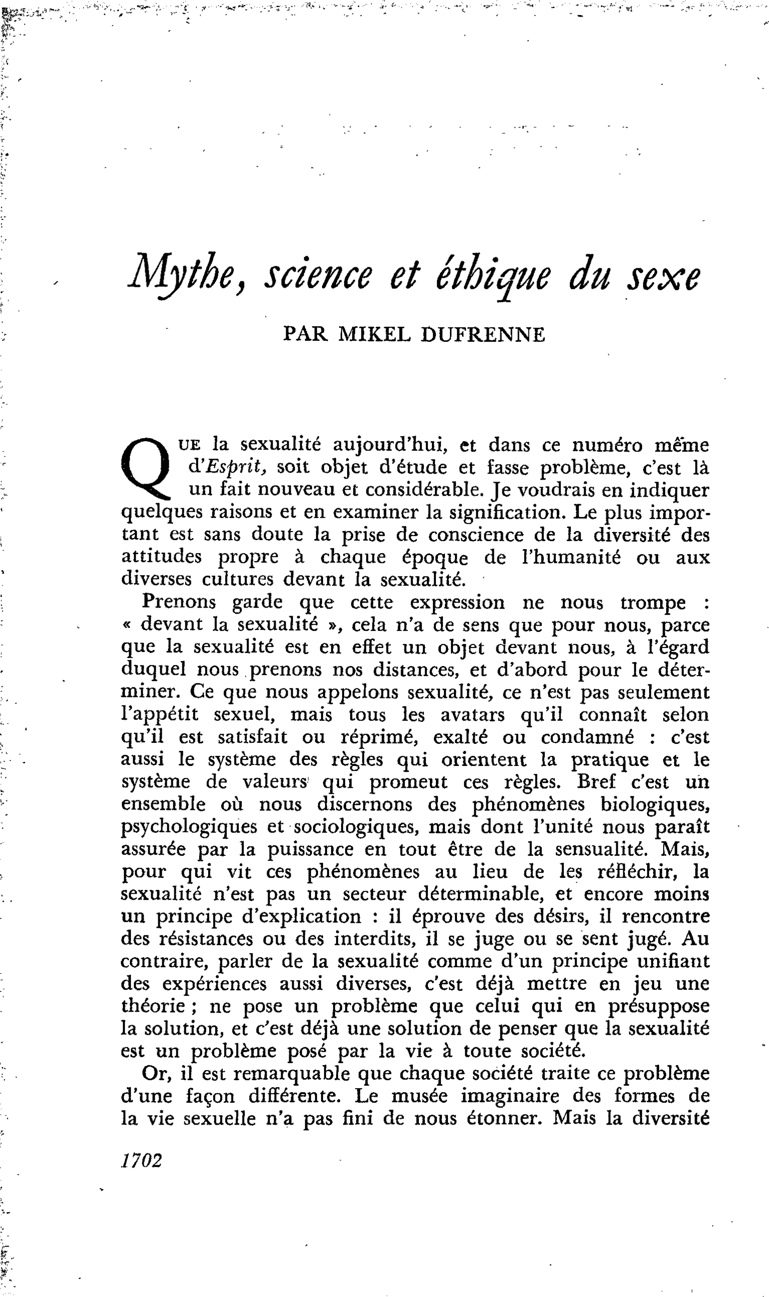Mythe, science et éthique du sexe