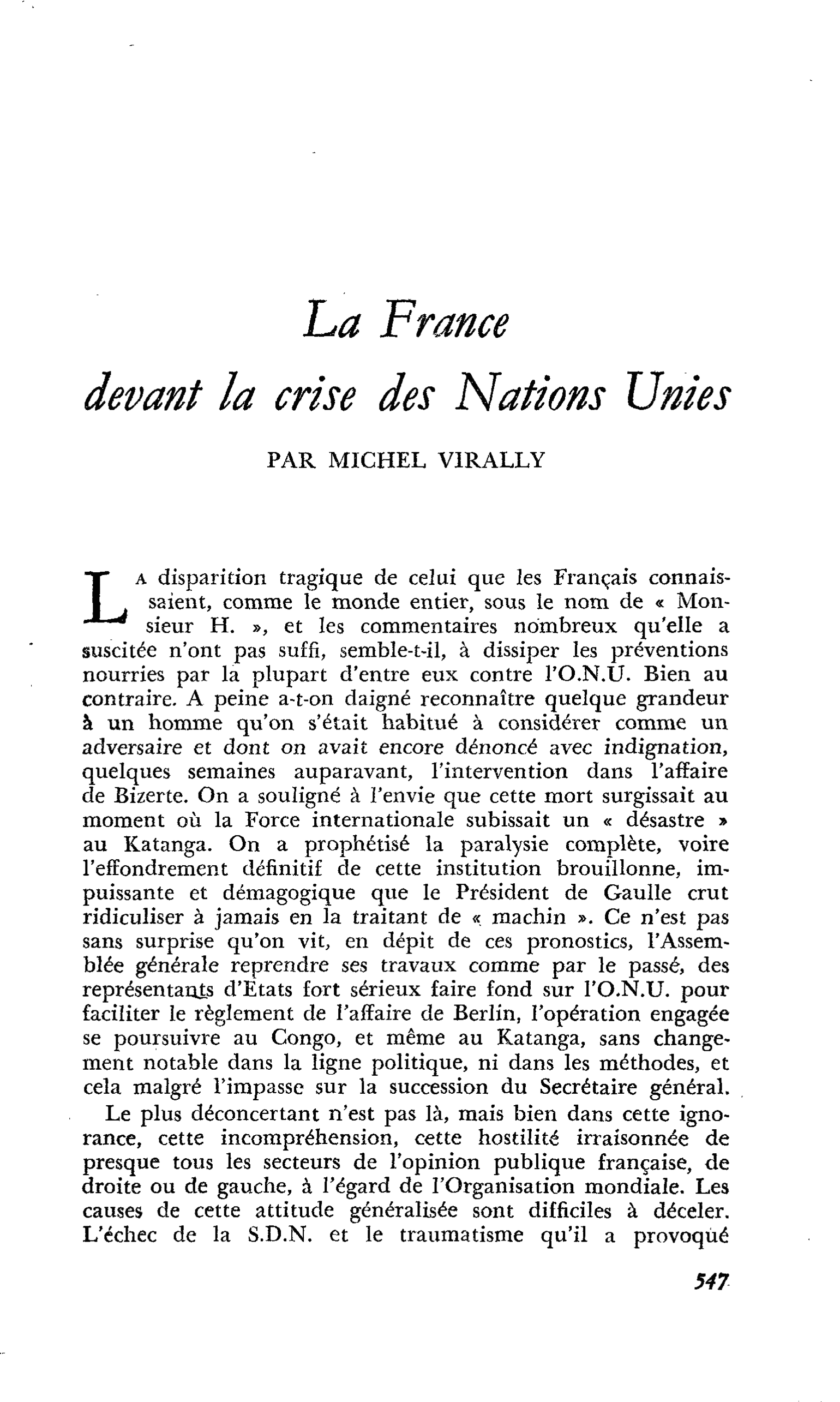 La France devant la crise des Nations Unies