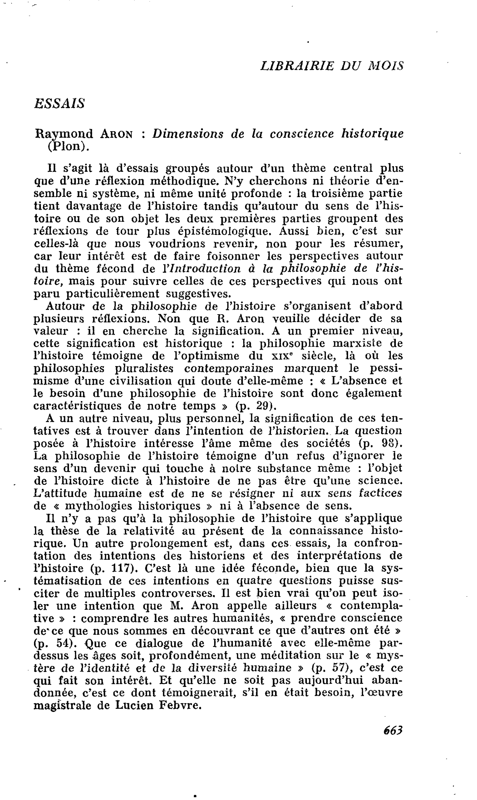 Raymond Aron : Dimensions de la conscience historique