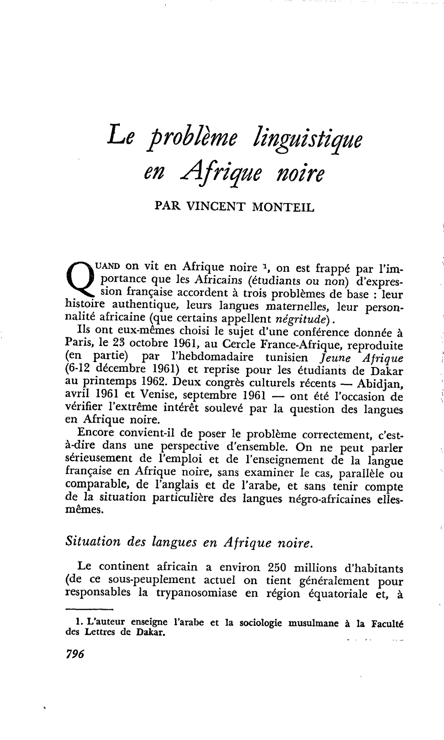 Le problème linguistique en Afrique noire