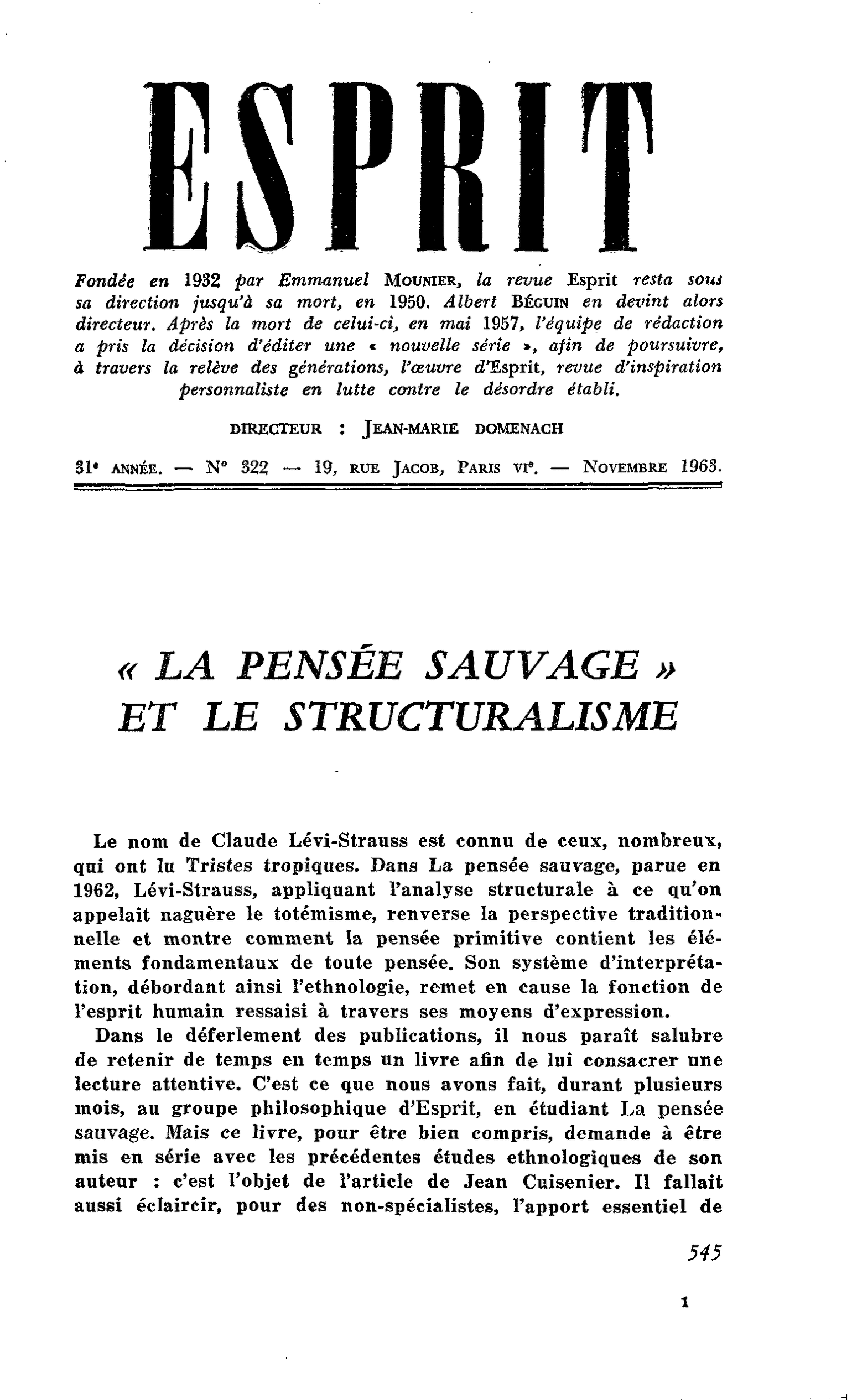« LA PENSÉE SAUVAGE » ET LE STRUCTURALISME