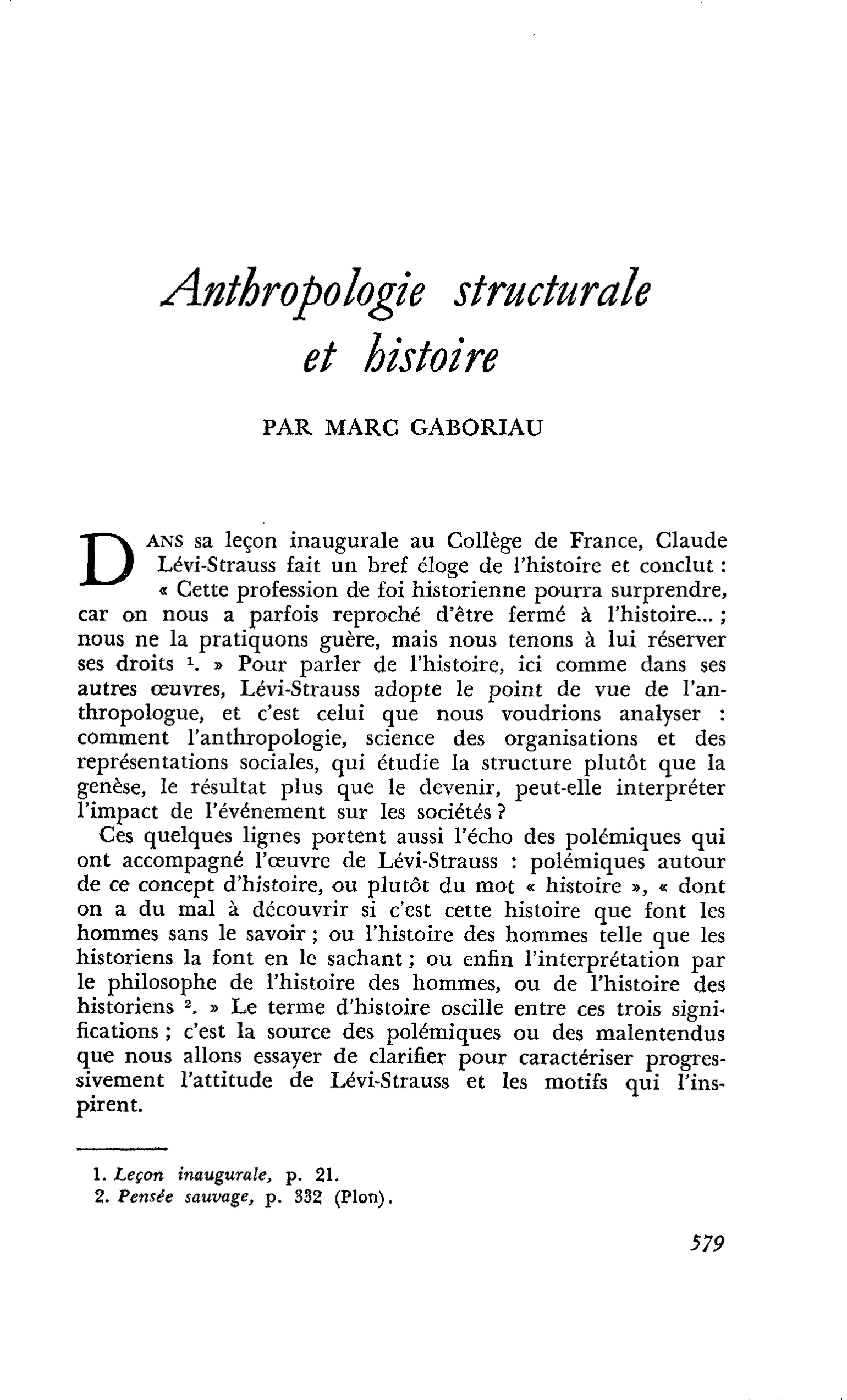 Anthropologie structurale et histoire