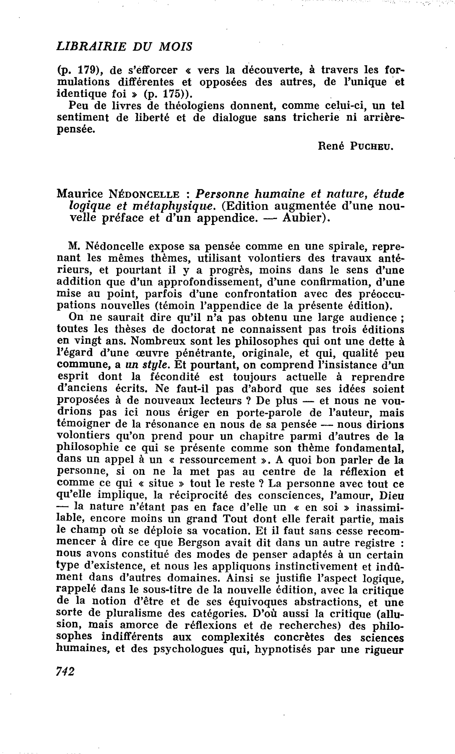 Maurice Nédoncelle : Personne humaine et nature, étude logique et métaphysique