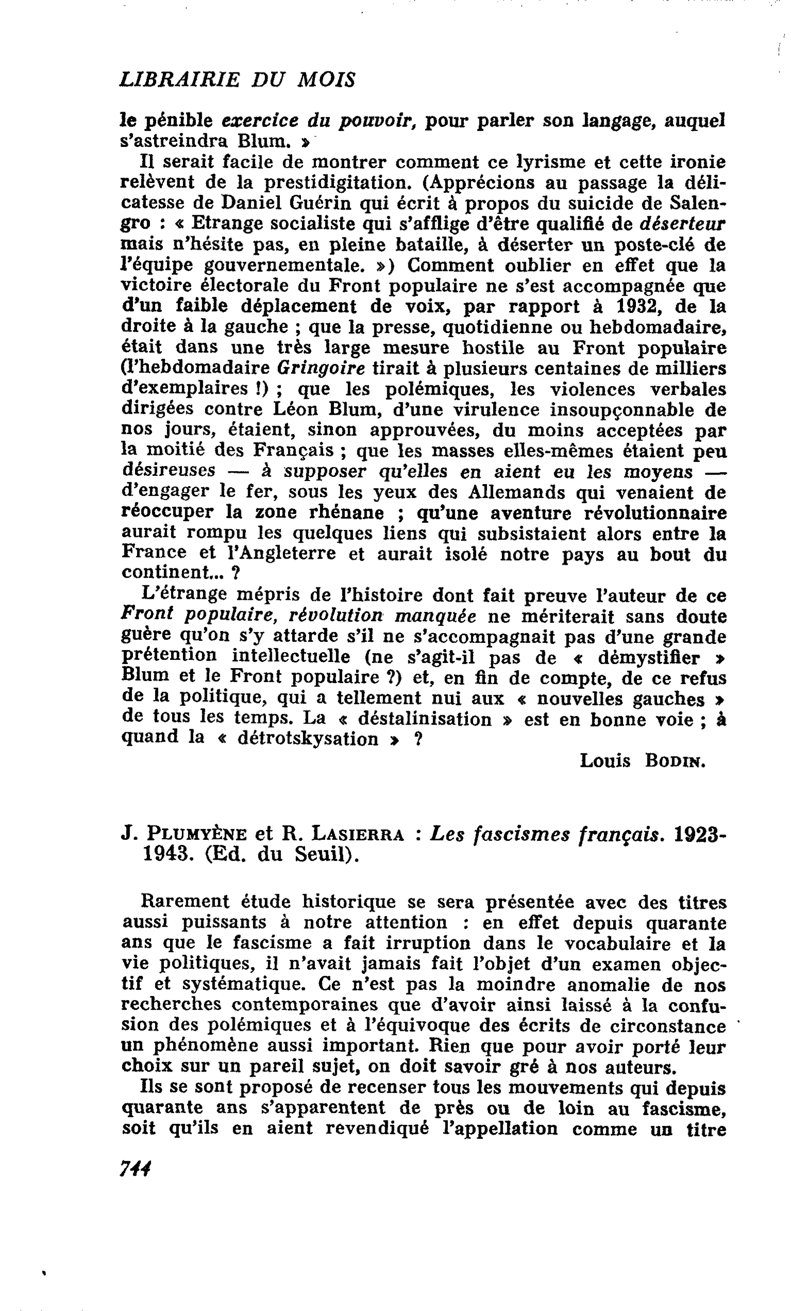 J. Plumyène et R. Lasierra : Les fascismes français. 1923- 1943