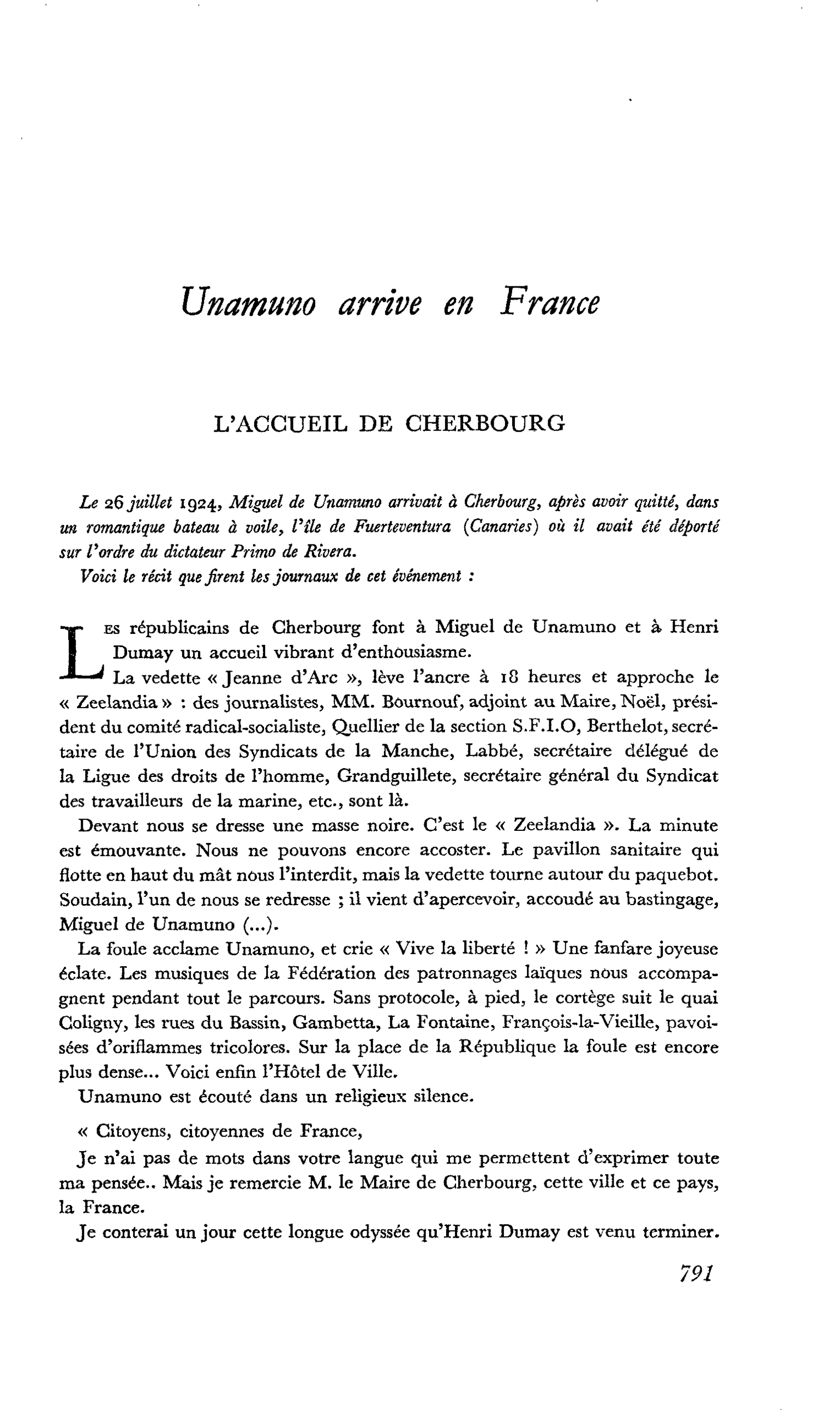 Unamuno arrive en France