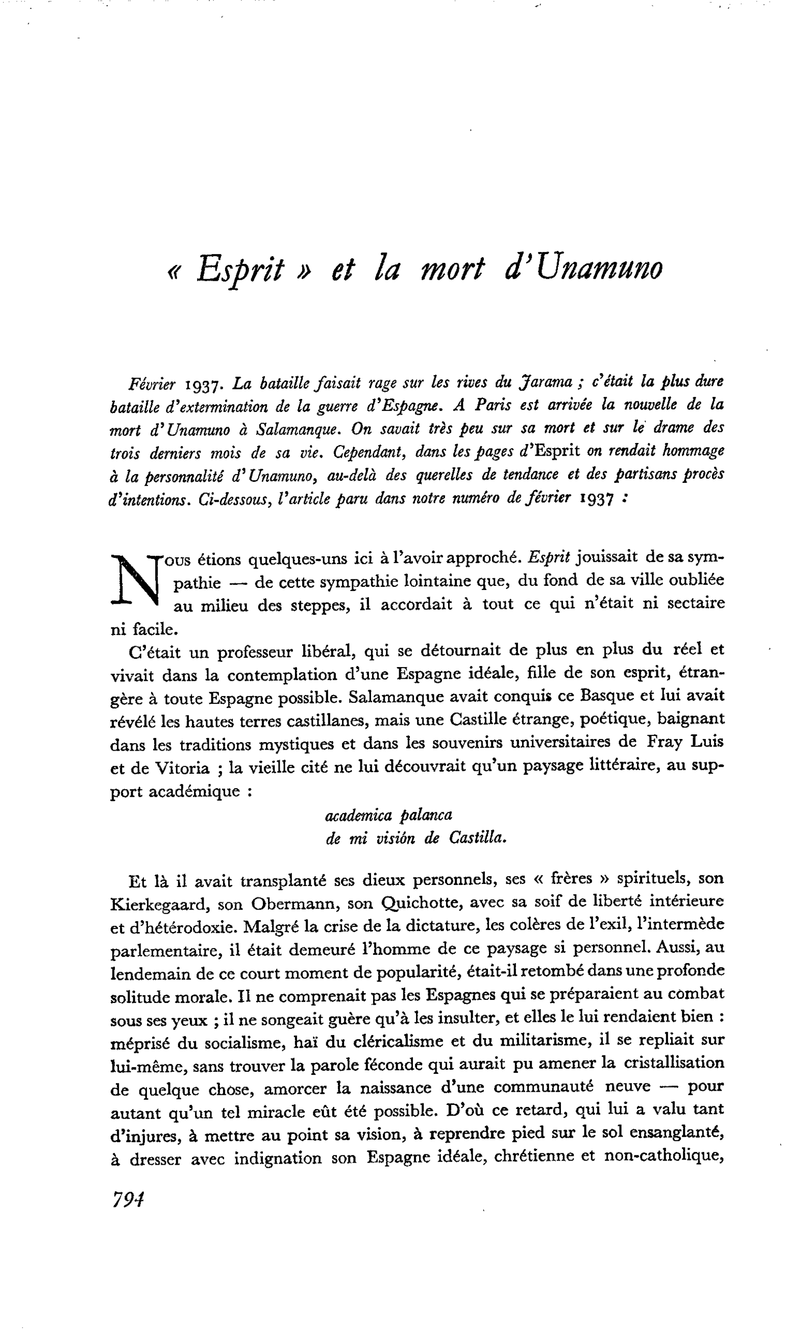 « Esprit » et la mort d’Unamuno