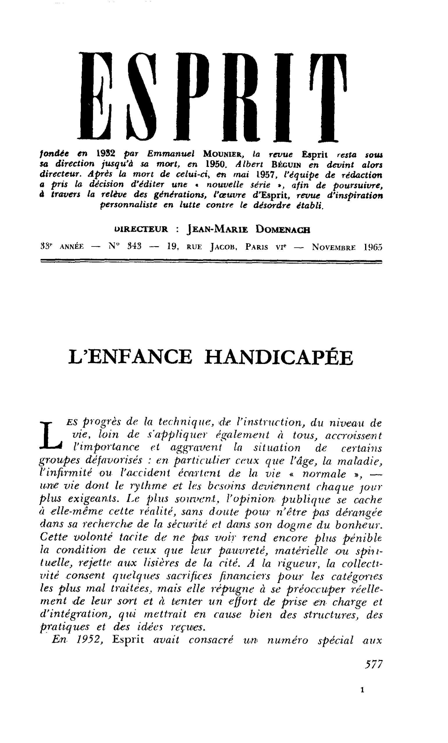 L’ENFANCE HANDICAPÉE