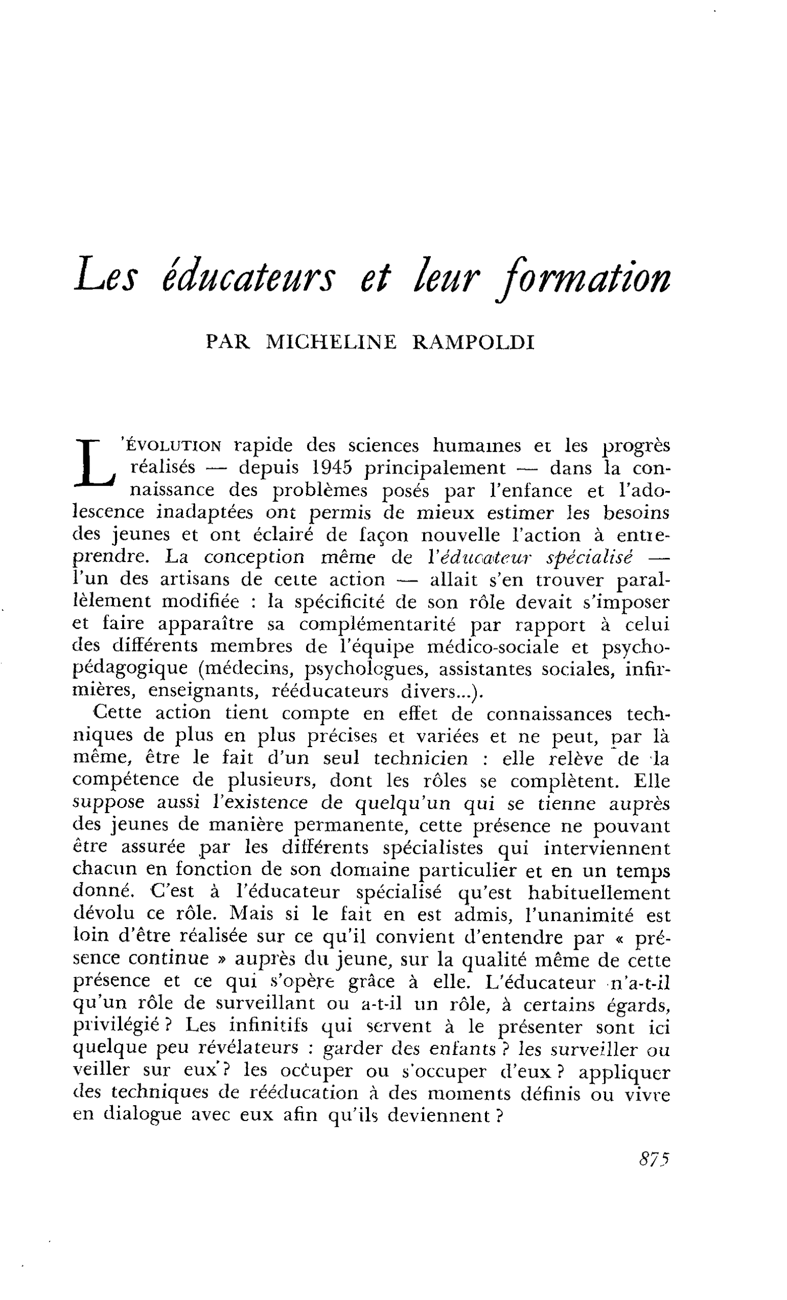 Les éducateurs et leur formation